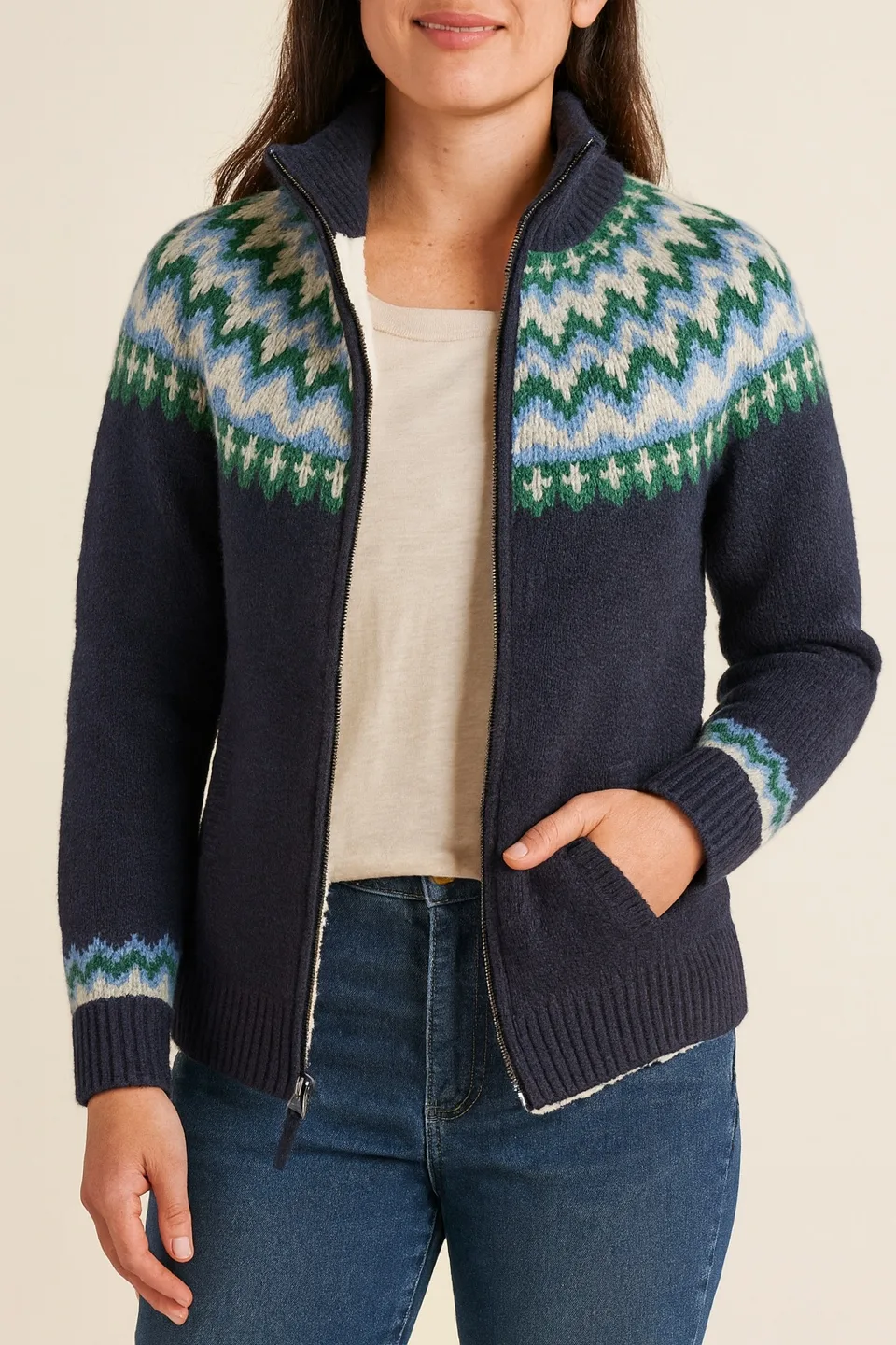 L.L.Bean Fair Isle Full-Zip Cardigan - Bright Navy, M thumbnail