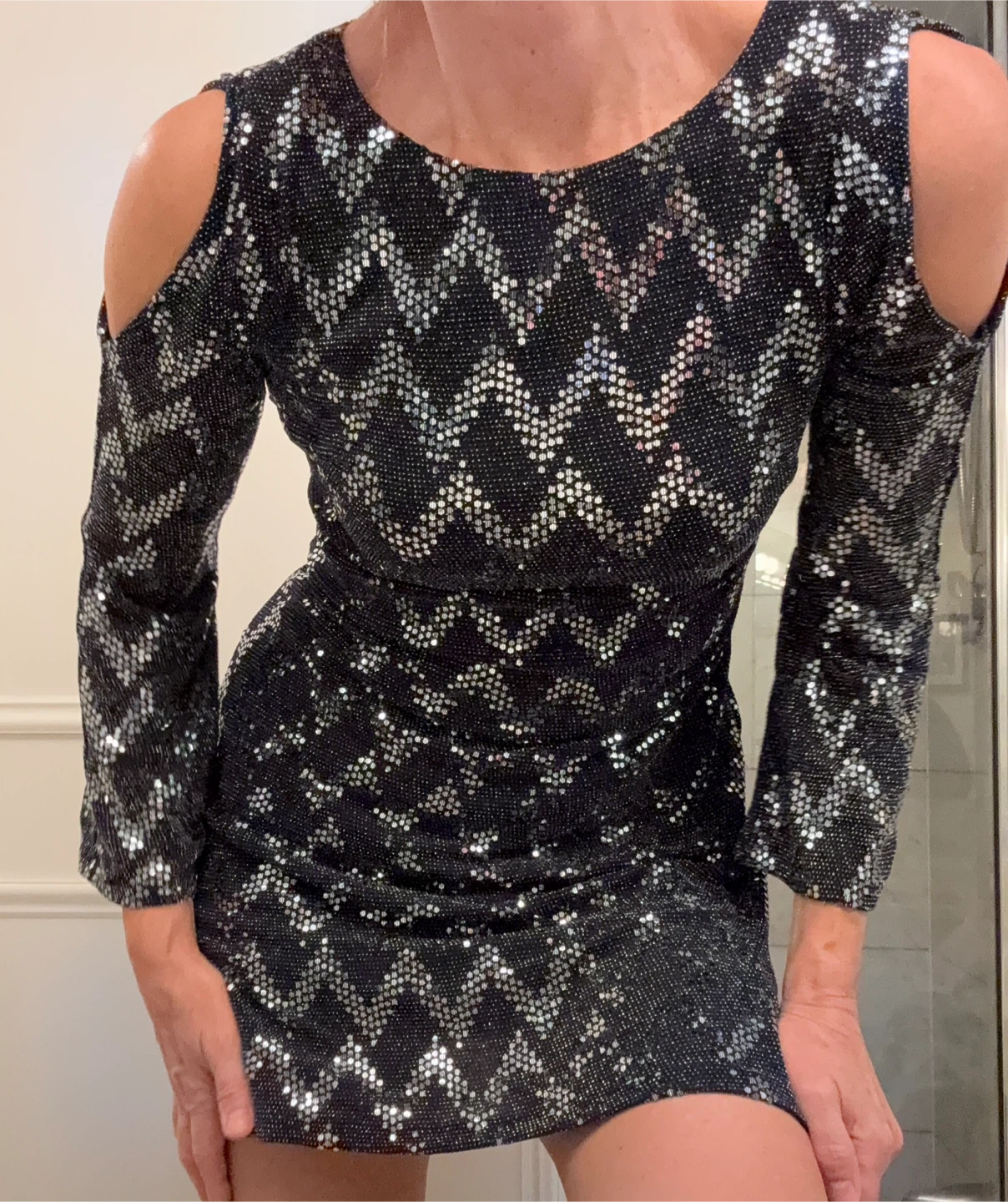 Sparkly Black Dress with Cutout Shoulders