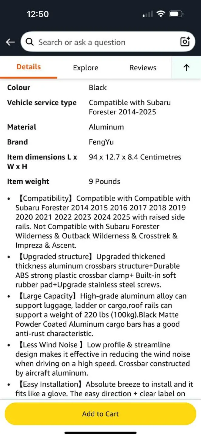 FengYu Roof Rack Cross Bars for Subaru Forester 2014–2025 🌧️ image indicator(6)