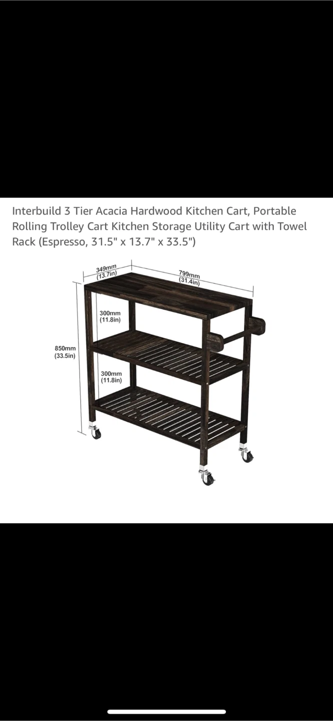 NEW-3 Tier Acacia Hardwood Kitchen Cart. Espresso - photo 2