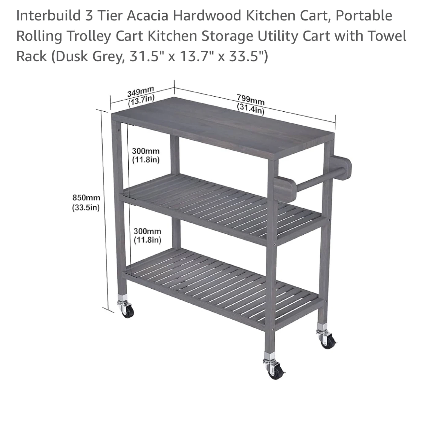 New-3 Tier Acacia Hardwood Kitchen Cart, Dusk Grey - photo 3