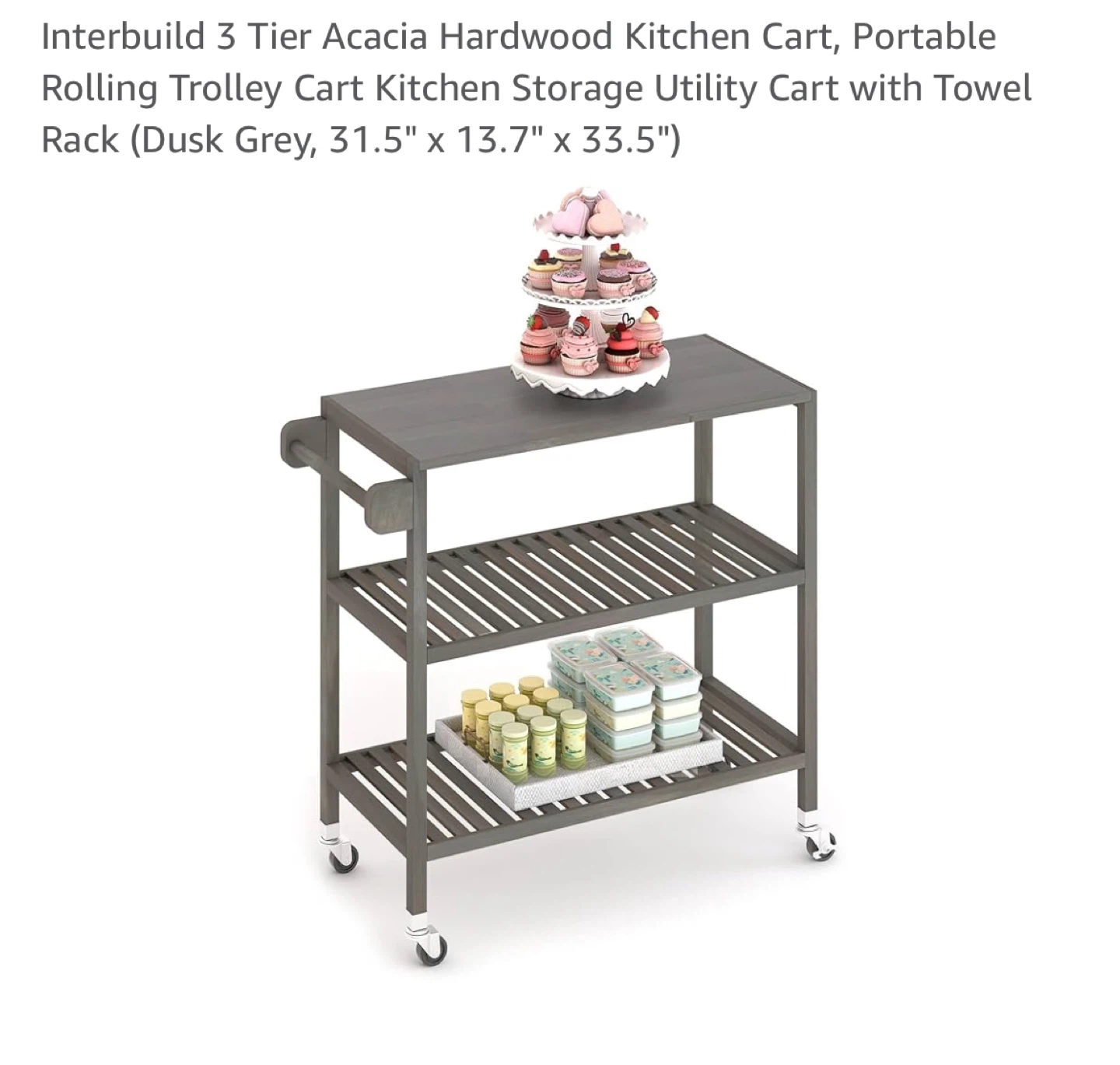 New-3 Tier Acacia Hardwood Kitchen Cart, Dusk Grey - photo 2