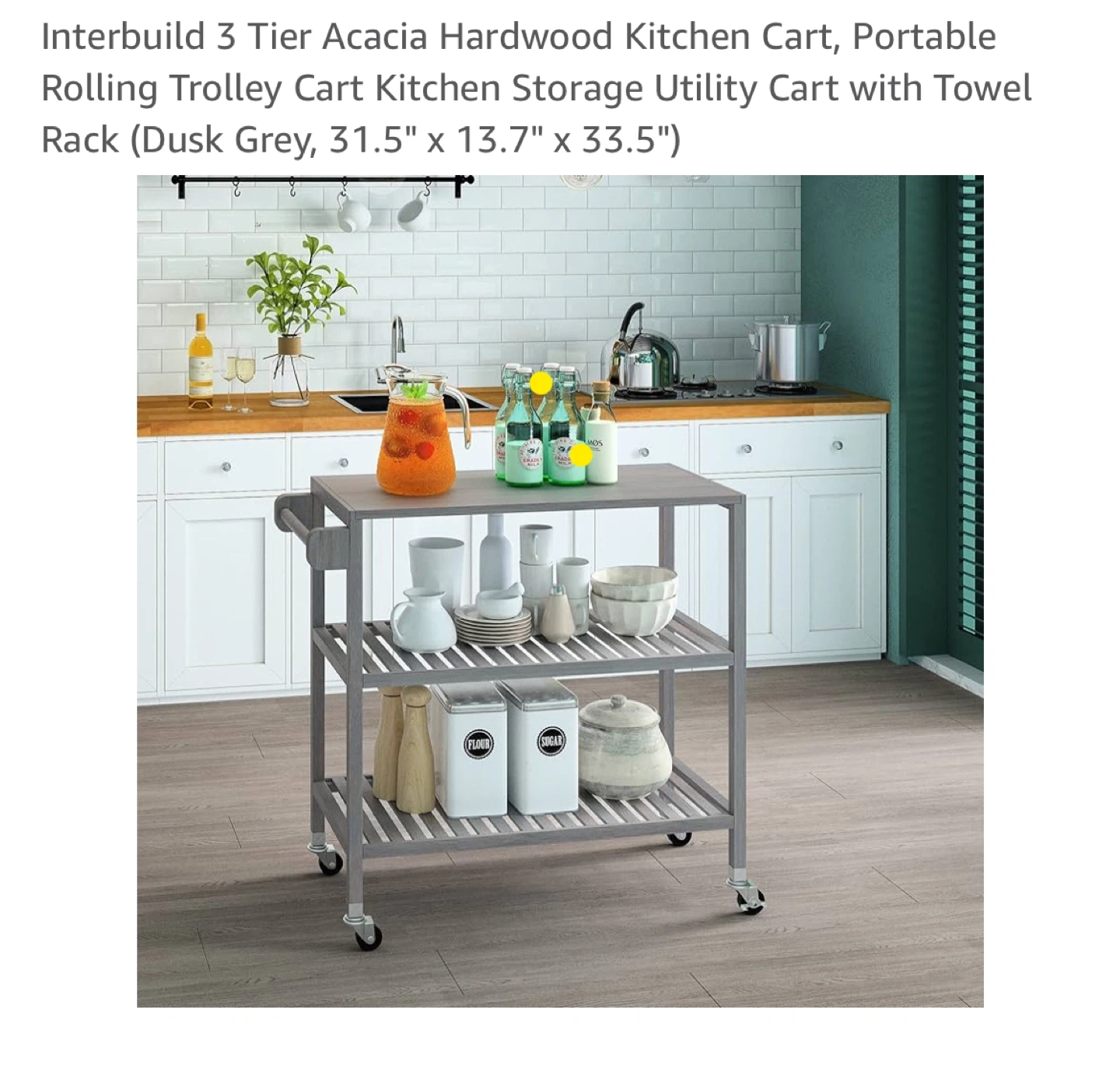 New-3 Tier Acacia Hardwood Kitchen Cart, Dusk Grey