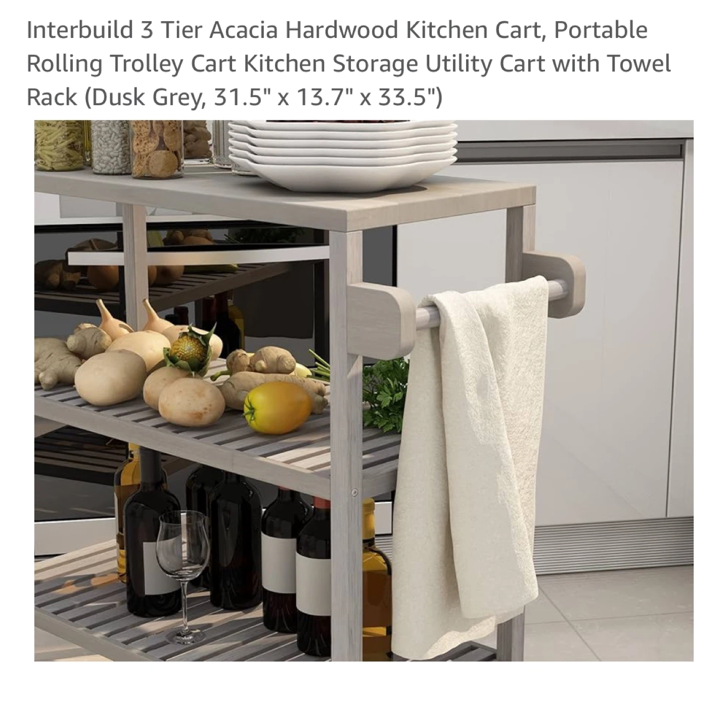 New-3 Tier Acacia Hardwood Kitchen Cart, Dusk Grey - photo 4