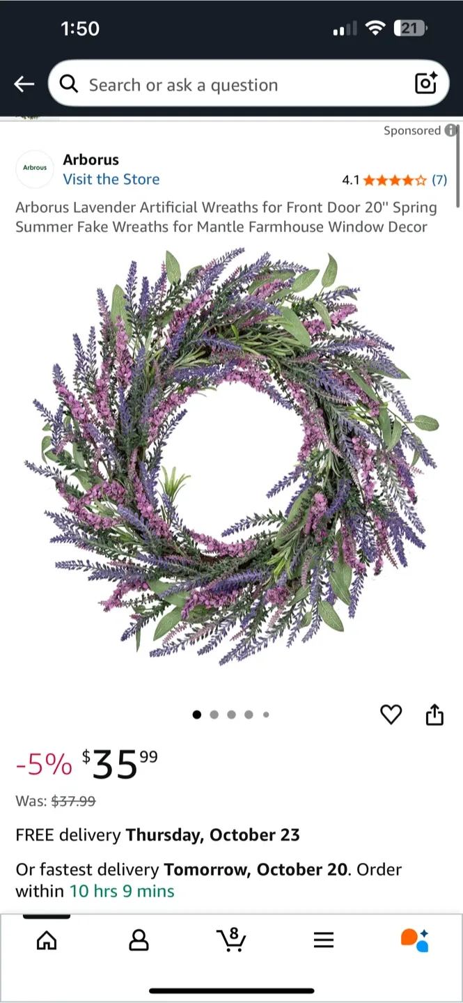 BNIB Arborus Lavender Artificial Wreath, 20" thumbnail