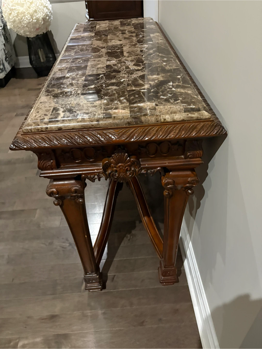 Marble Top Dark Wood Console Table - photo 2