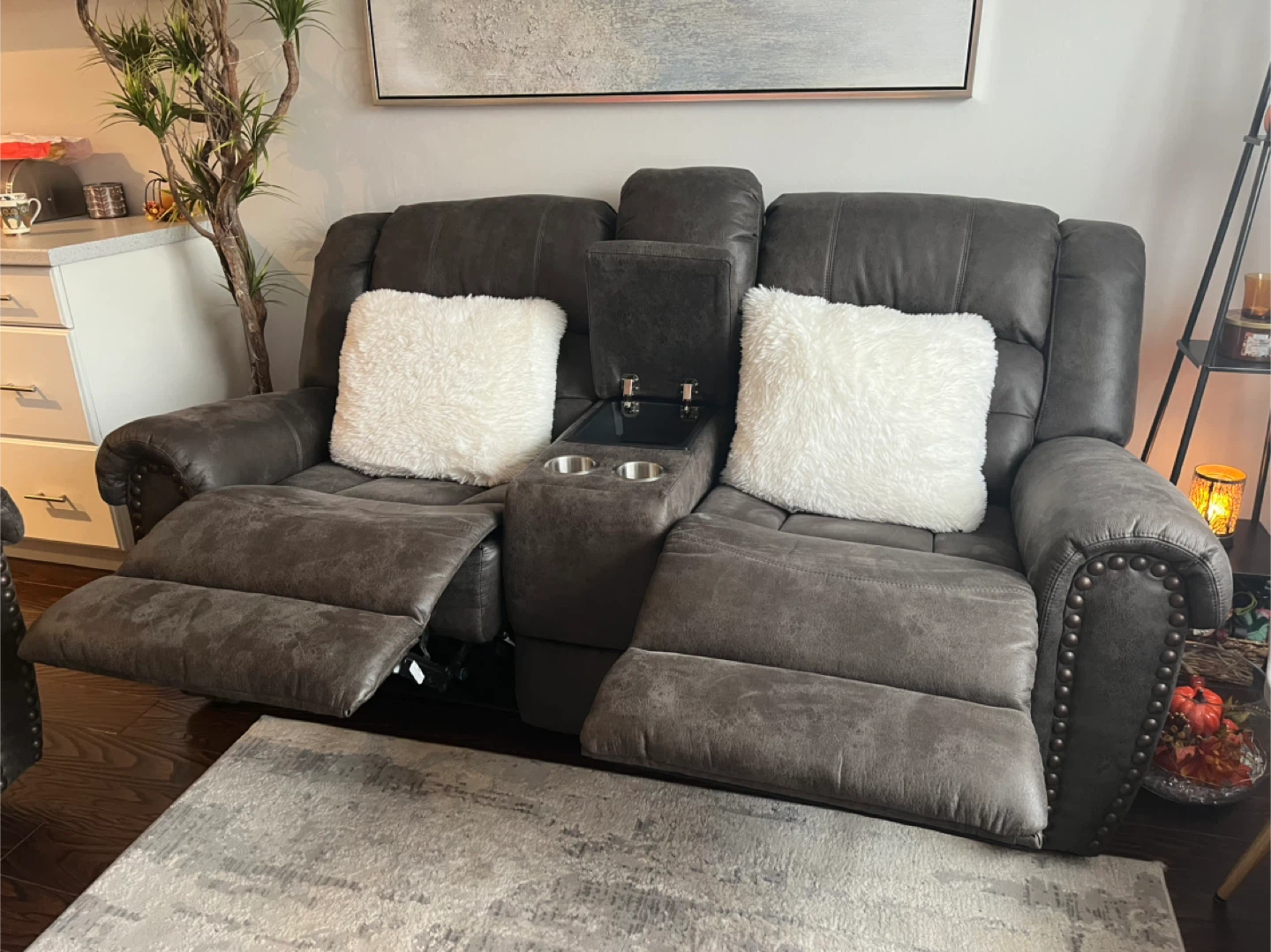 Grey Reclining Chair & Loveseat with Console & Cupholders - photo 2
