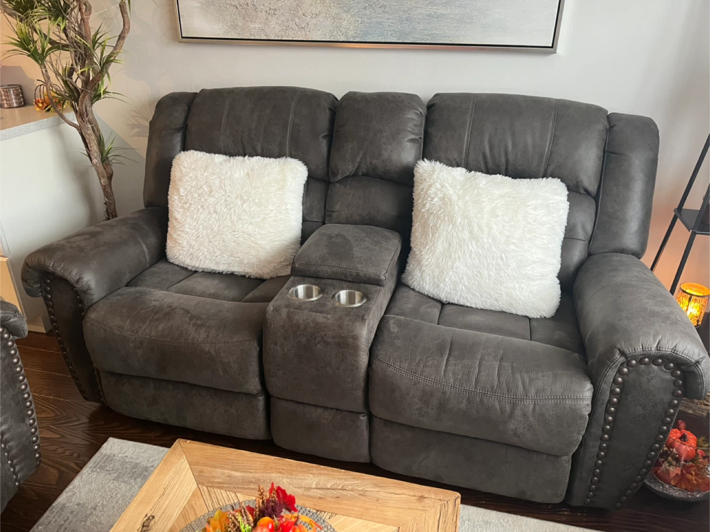 Grey Reclining Chair & Loveseat with Console & Cupholders