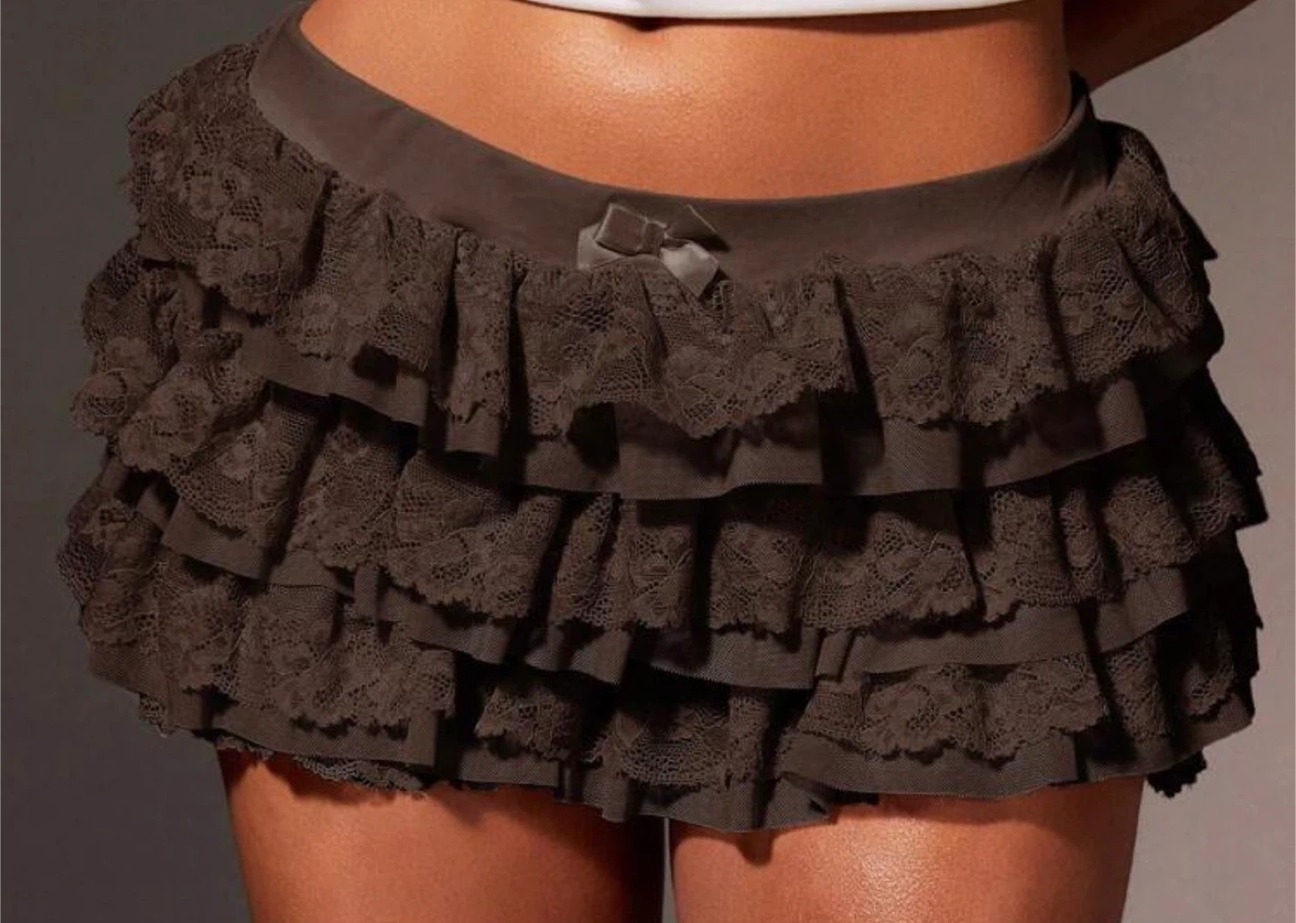 Dark Brown Lace Ruffle Mini Skirt