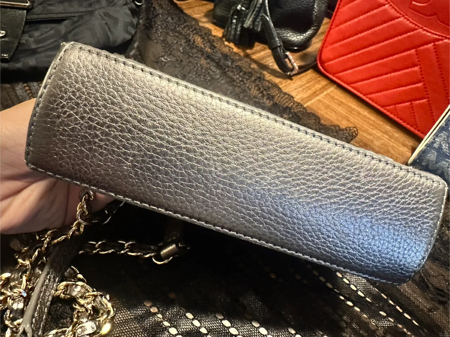 Tory Burch Gunmetal Leather Marion Shrunken Shoulder Bag image indicator(9)