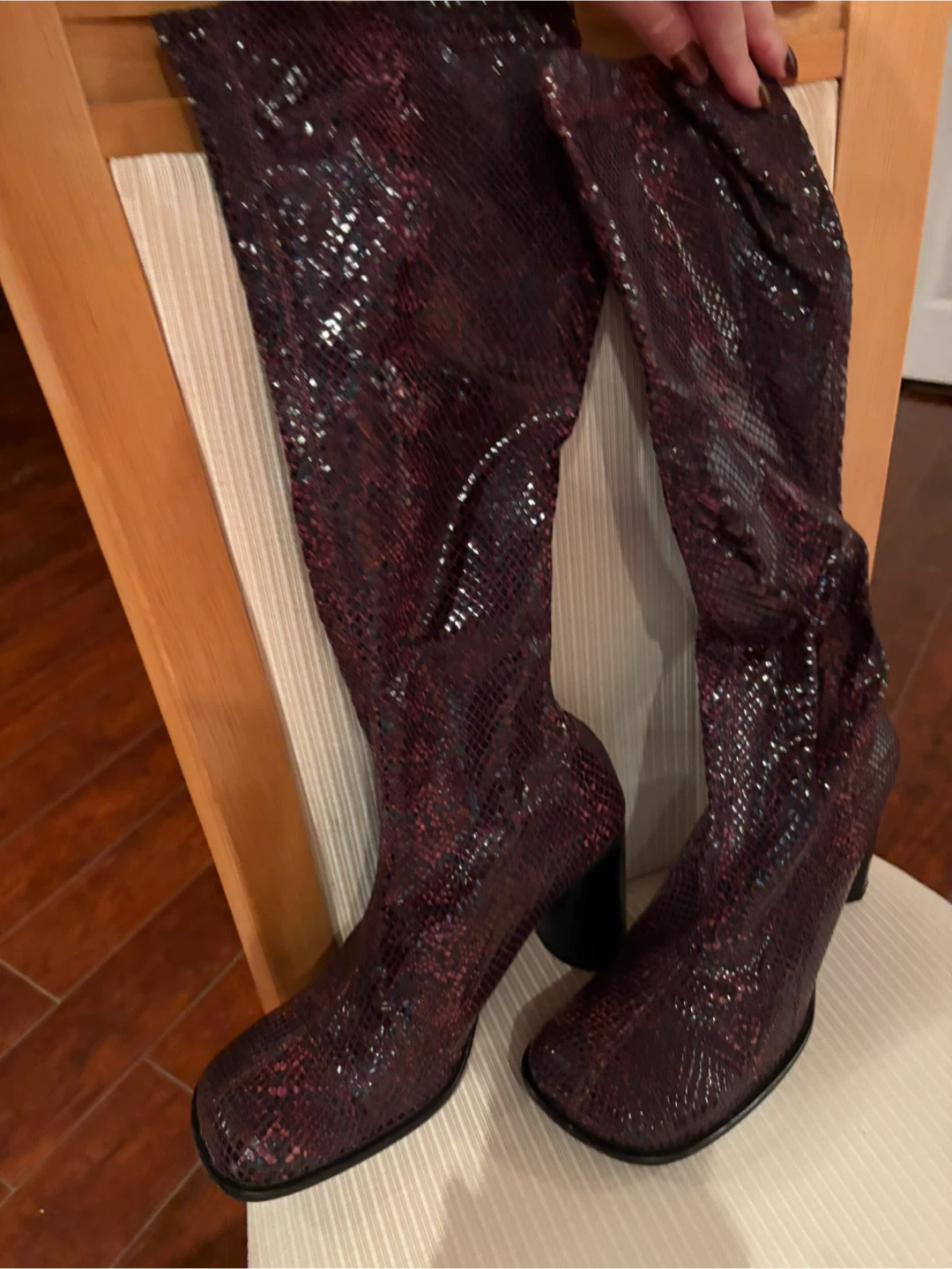 Cherry Snakeskin High Boots