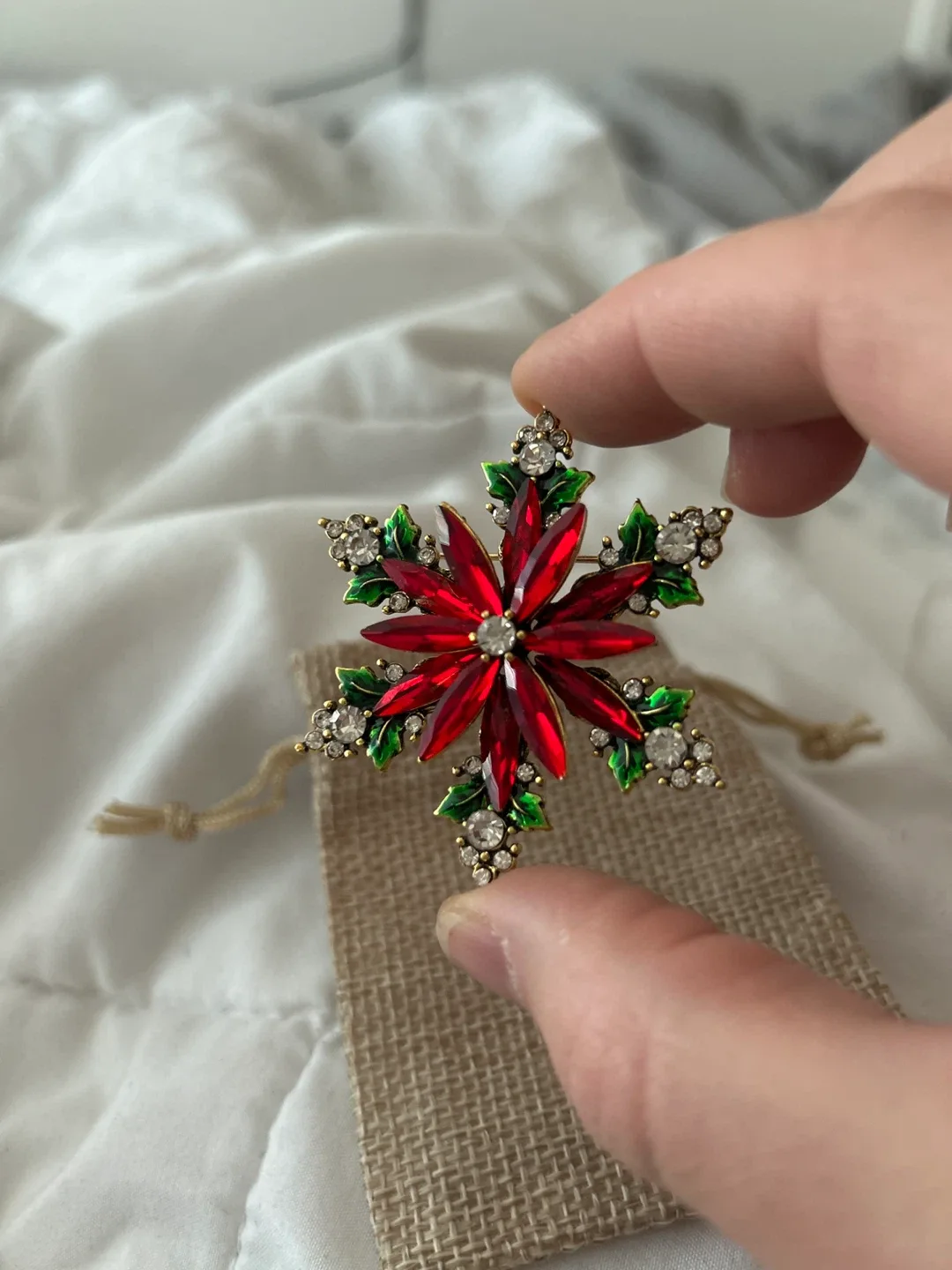 Red Poinsettia Snowflake Brooch thumbnail