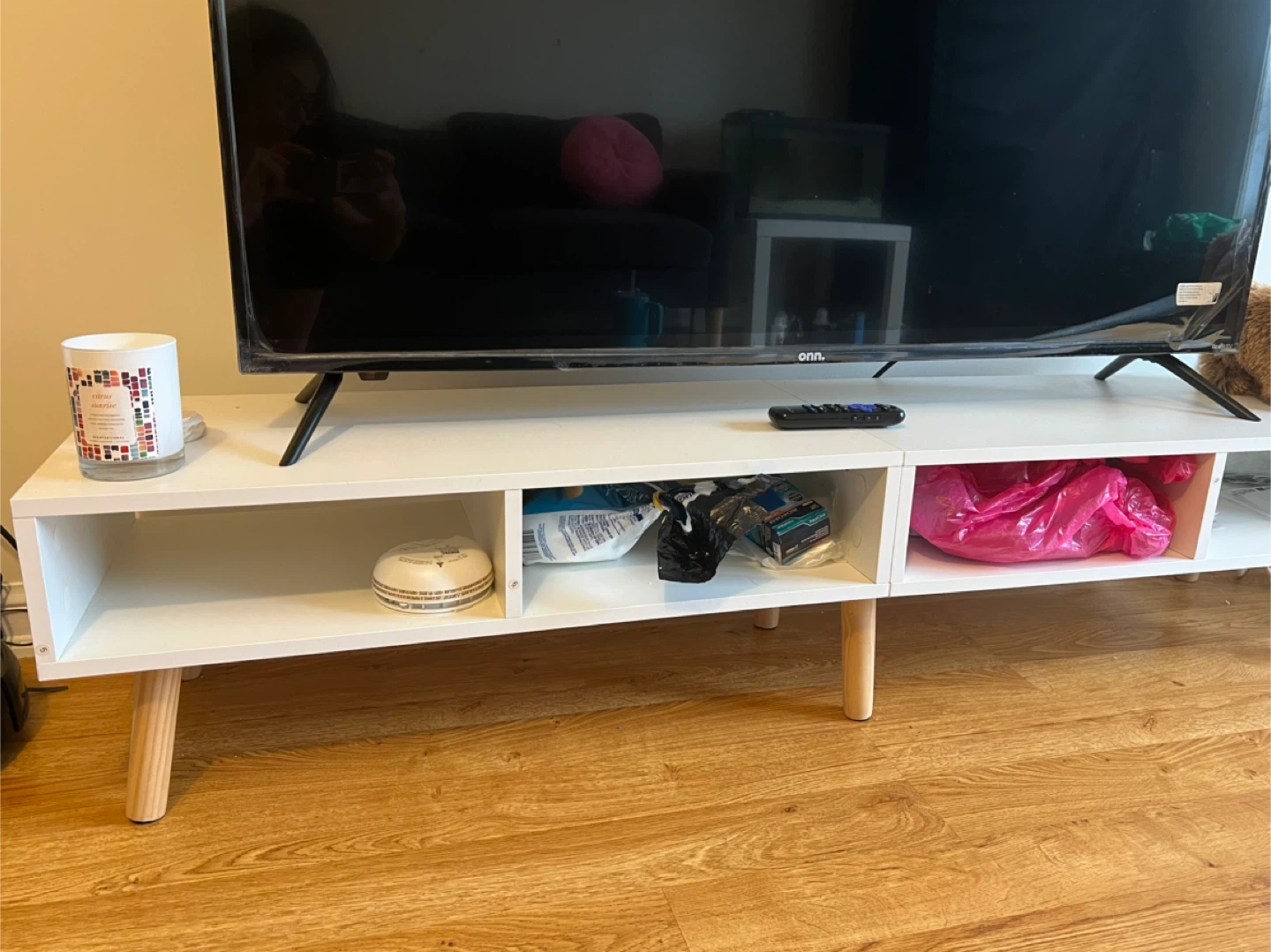 White TV Stand with Wooden Legs- TOOL FREE ASSEMBLY