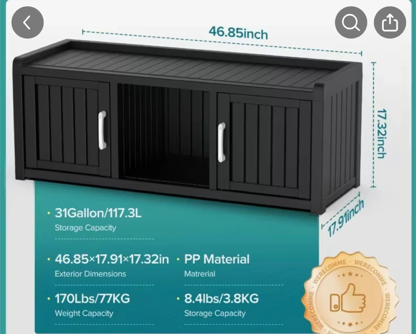 Black Outdoor Storage Bench or Entryway Bench - New in Box! image indicator(2)