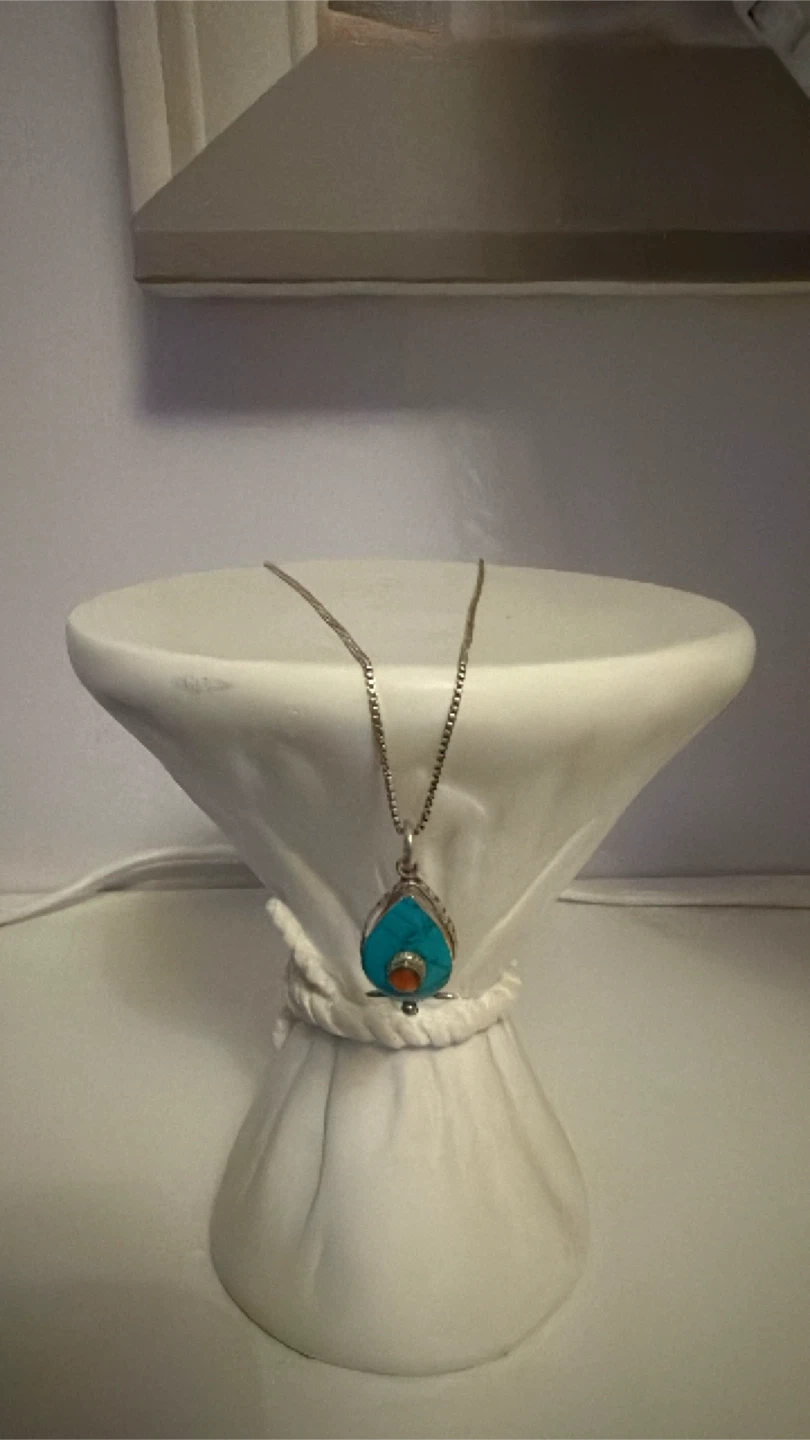 Turquoise & Coral silver Teardrop Pendant Necklace