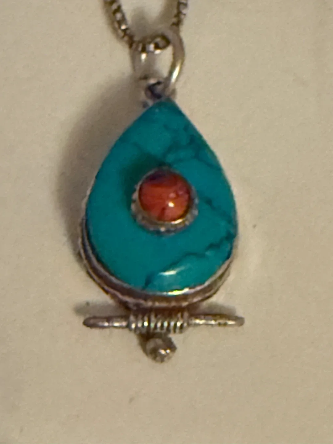 Turquoise & Coral silver Teardrop Pendant Necklace image indicator(2)