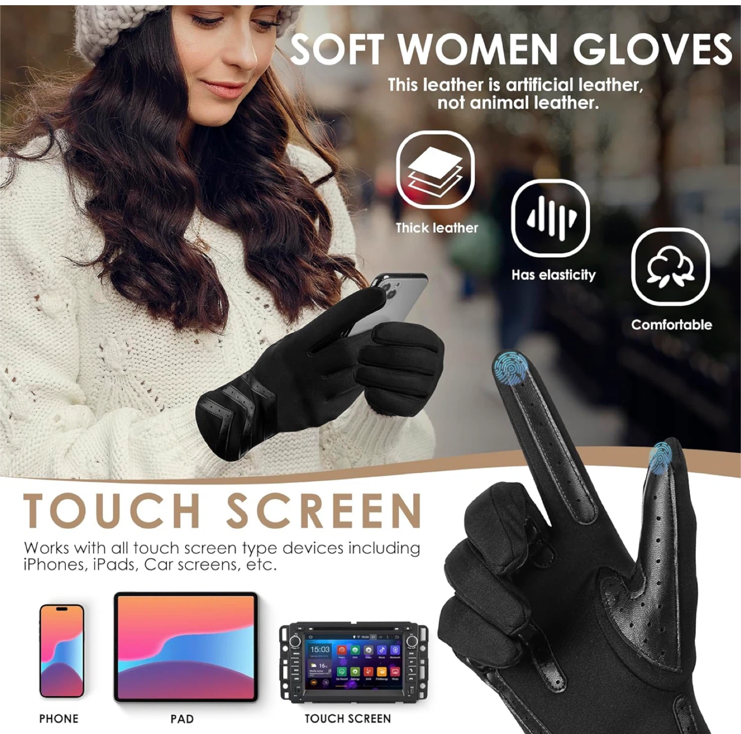 Soft Women Touch Screen Gloves - Black - photo 3