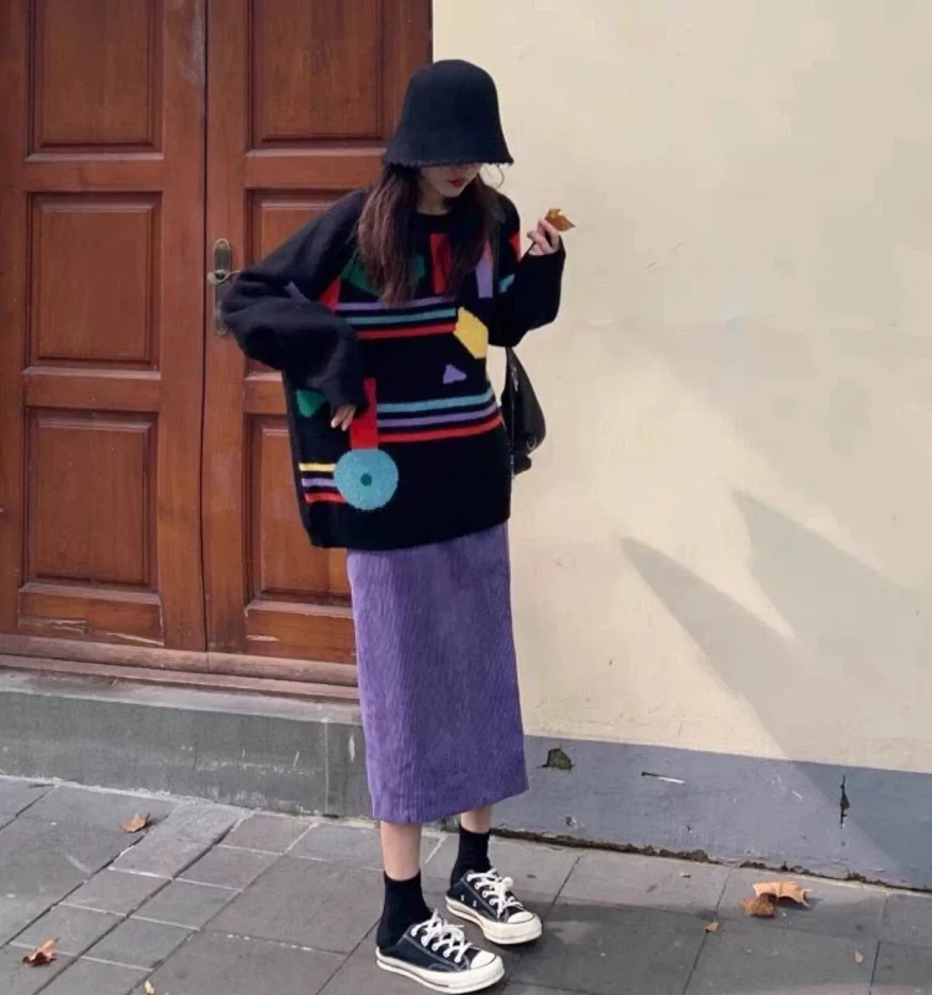 Colorful Geometric Knit Sweater & Purple Corduroy Skirt Set image indicator(2)