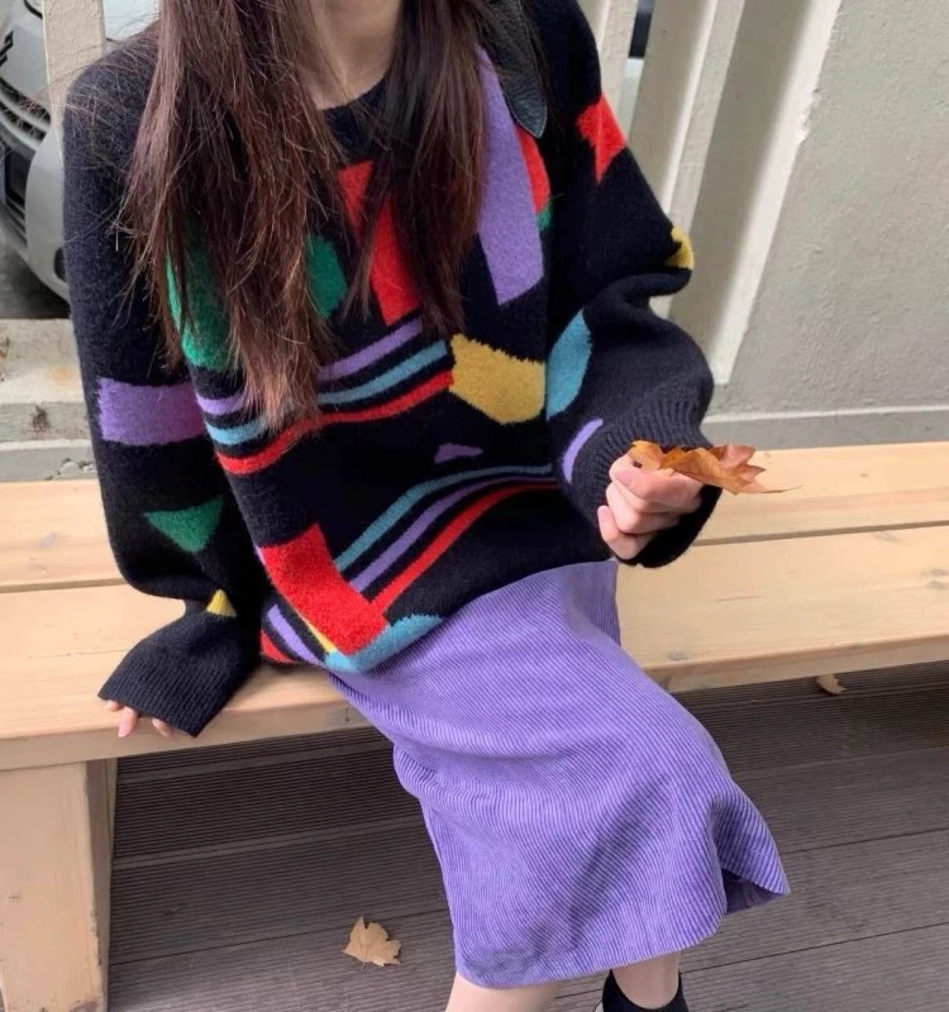 Colorful Geometric Knit Sweater & Purple Corduroy Skirt Set