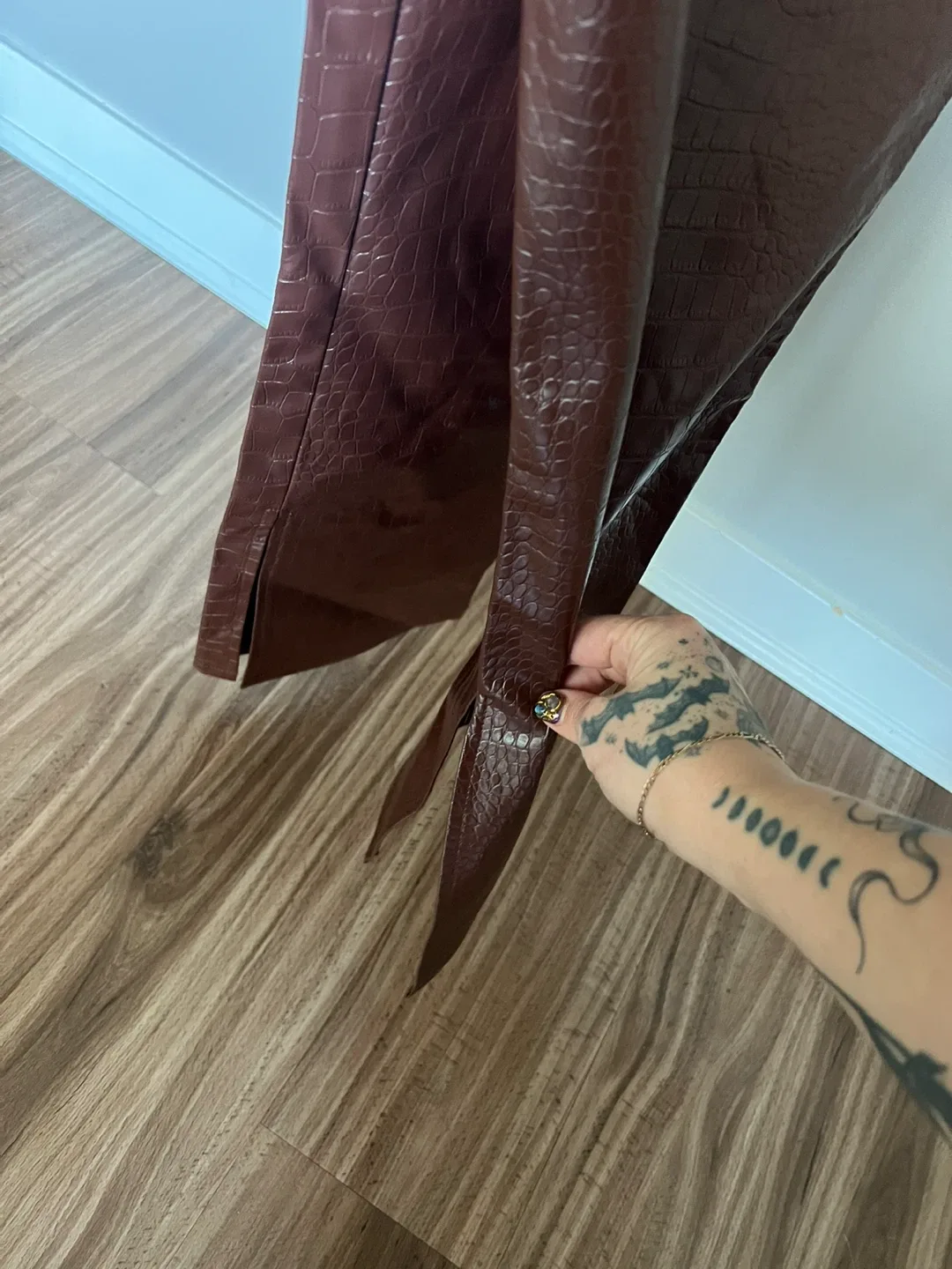 Faux croc leather pants ASOS chocolate brown high waist trousers image indicator(4)