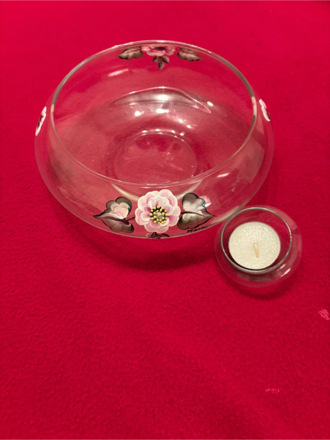 Floral Painted Glass Bowl with Floating Candle Holder thumbnail