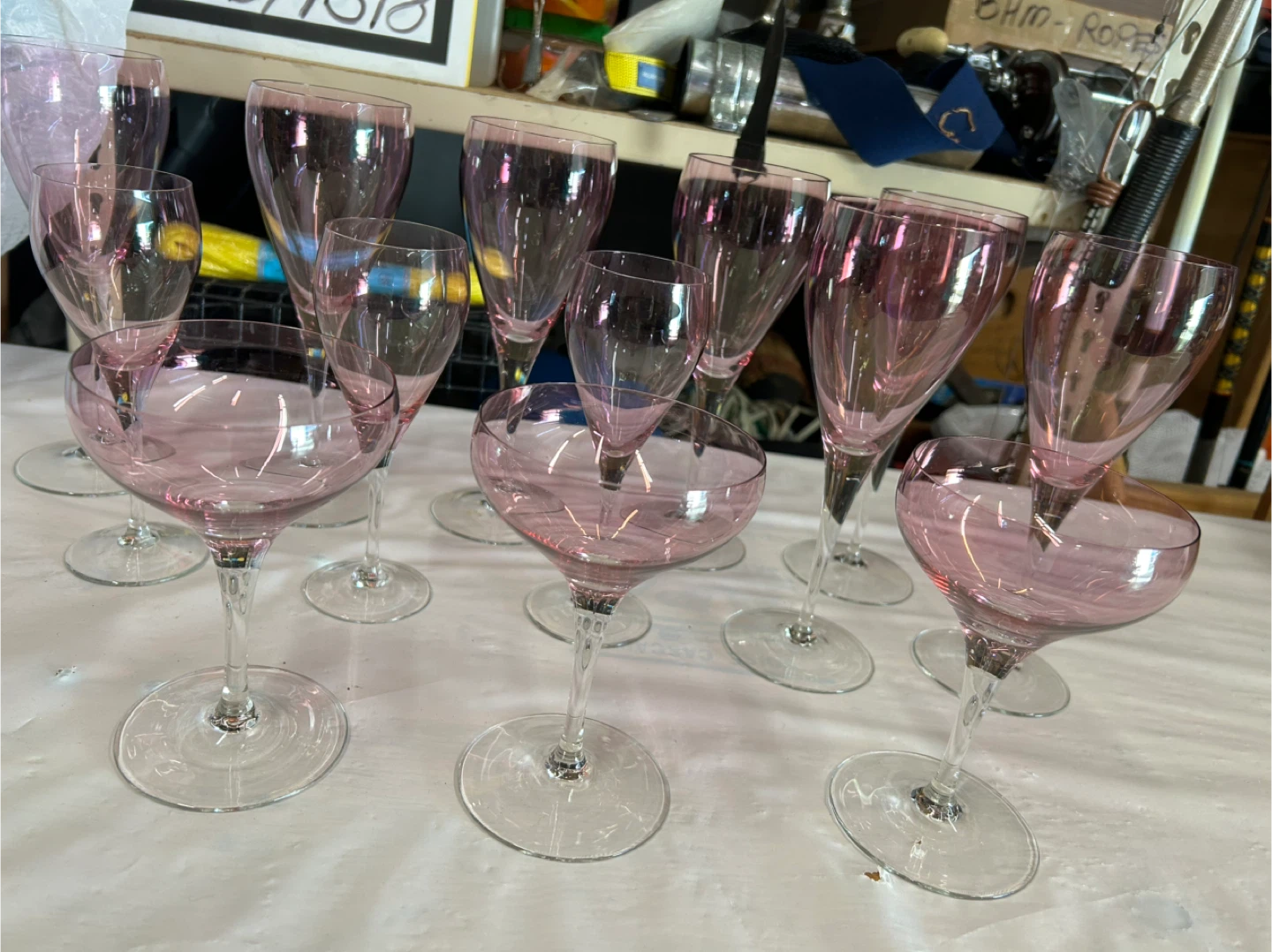 Vintage/1960’s/Set Of Pink Tinted Crystal Stemware/13 Pieces