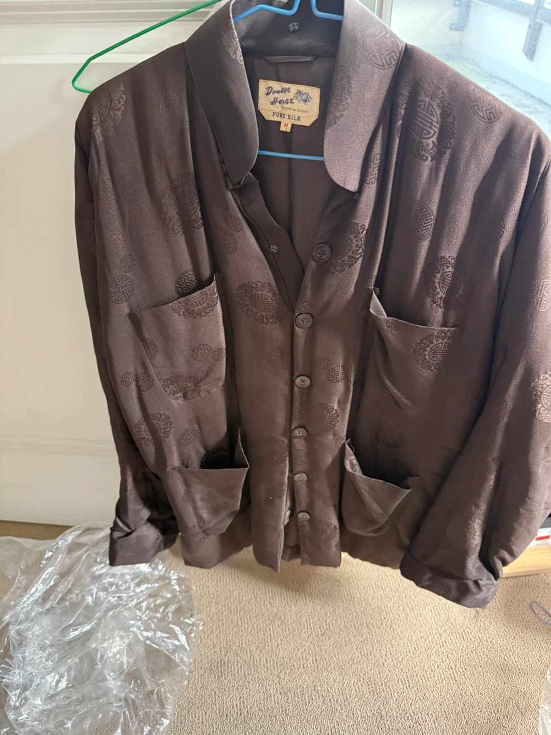 Vintage Double Horse Pure Silk Brown Quilted Shirt - Size M