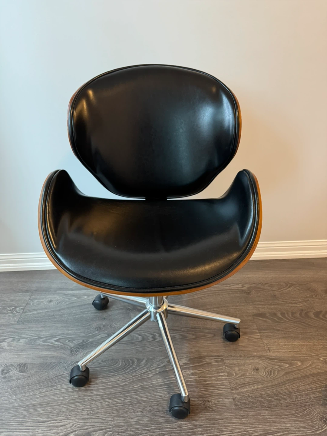 Black Leather & Wood Office Chair - photo 2