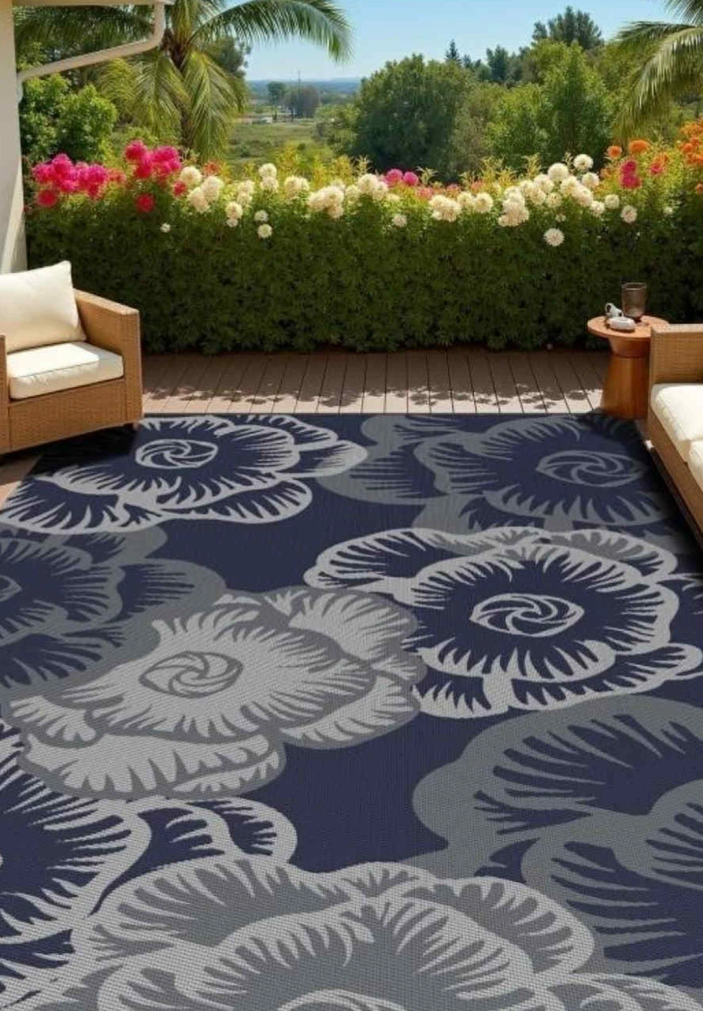 Navy & White Floral Outdoor Rug
