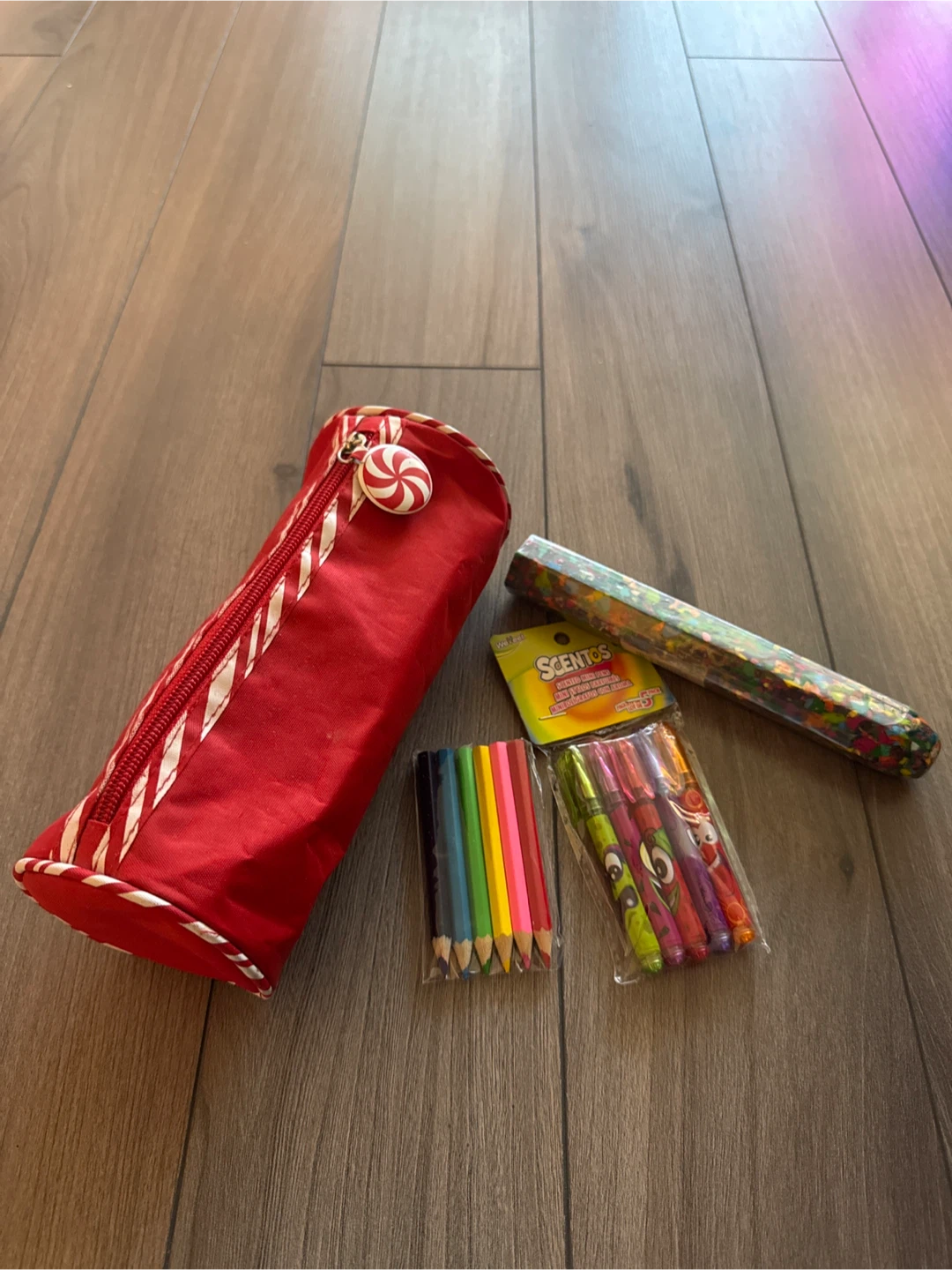 Candy Cane Pencil Case, JUMBO crayon, pens and coloured pencils