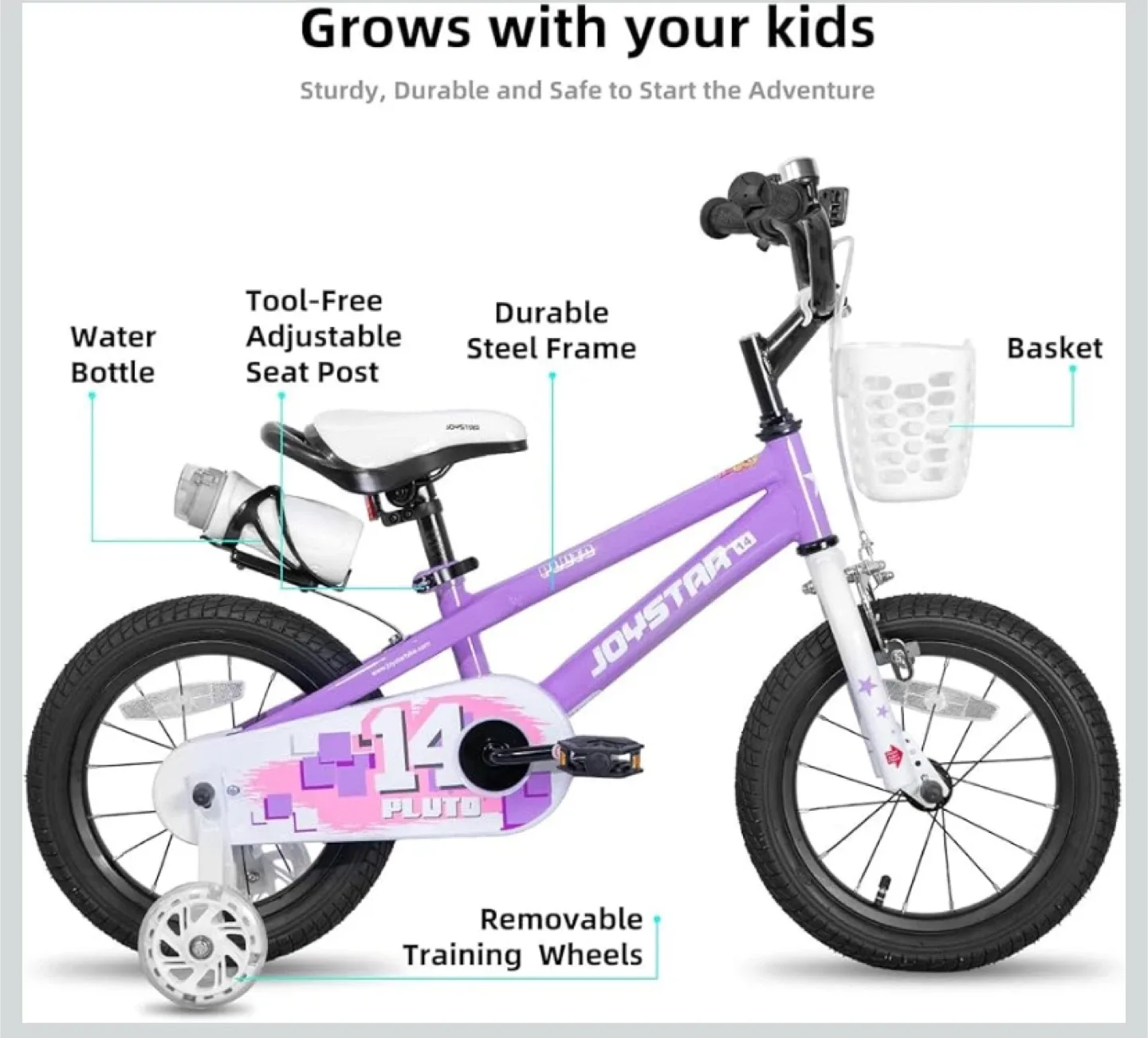New JOYSTAR Pluto 14” Kids Bike with LED Training Wheels Purple image indicator(2)