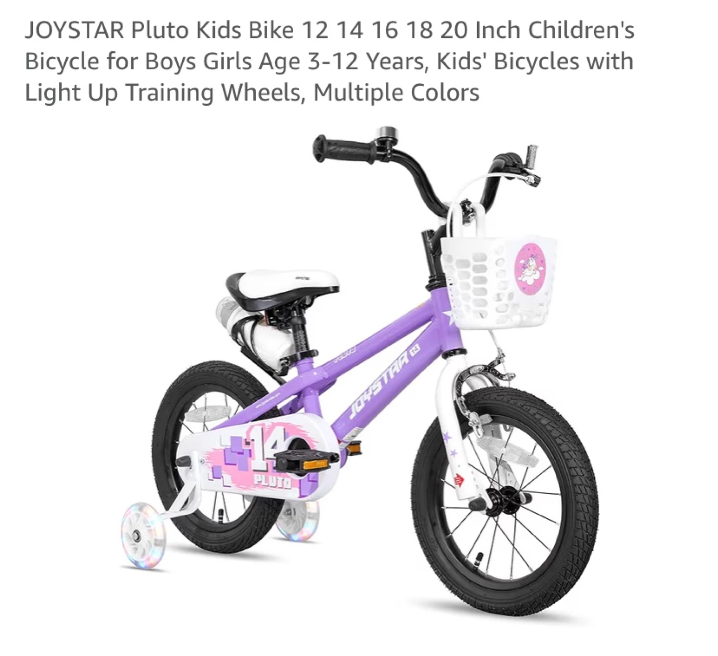 New JOYSTAR Pluto 14” Kids Bike with LED Training Wheels Purple