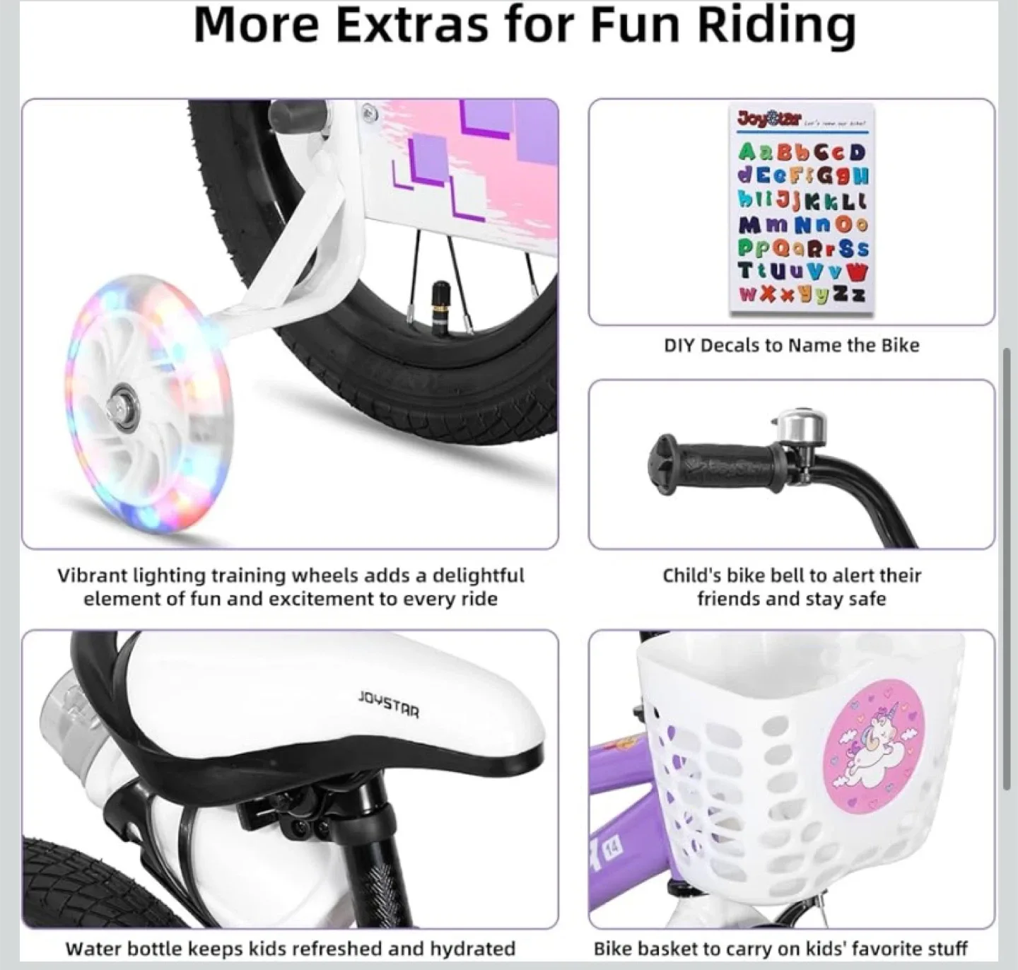 New JOYSTAR Pluto 14” Kids Bike with LED Training Wheels Purple image indicator(4)
