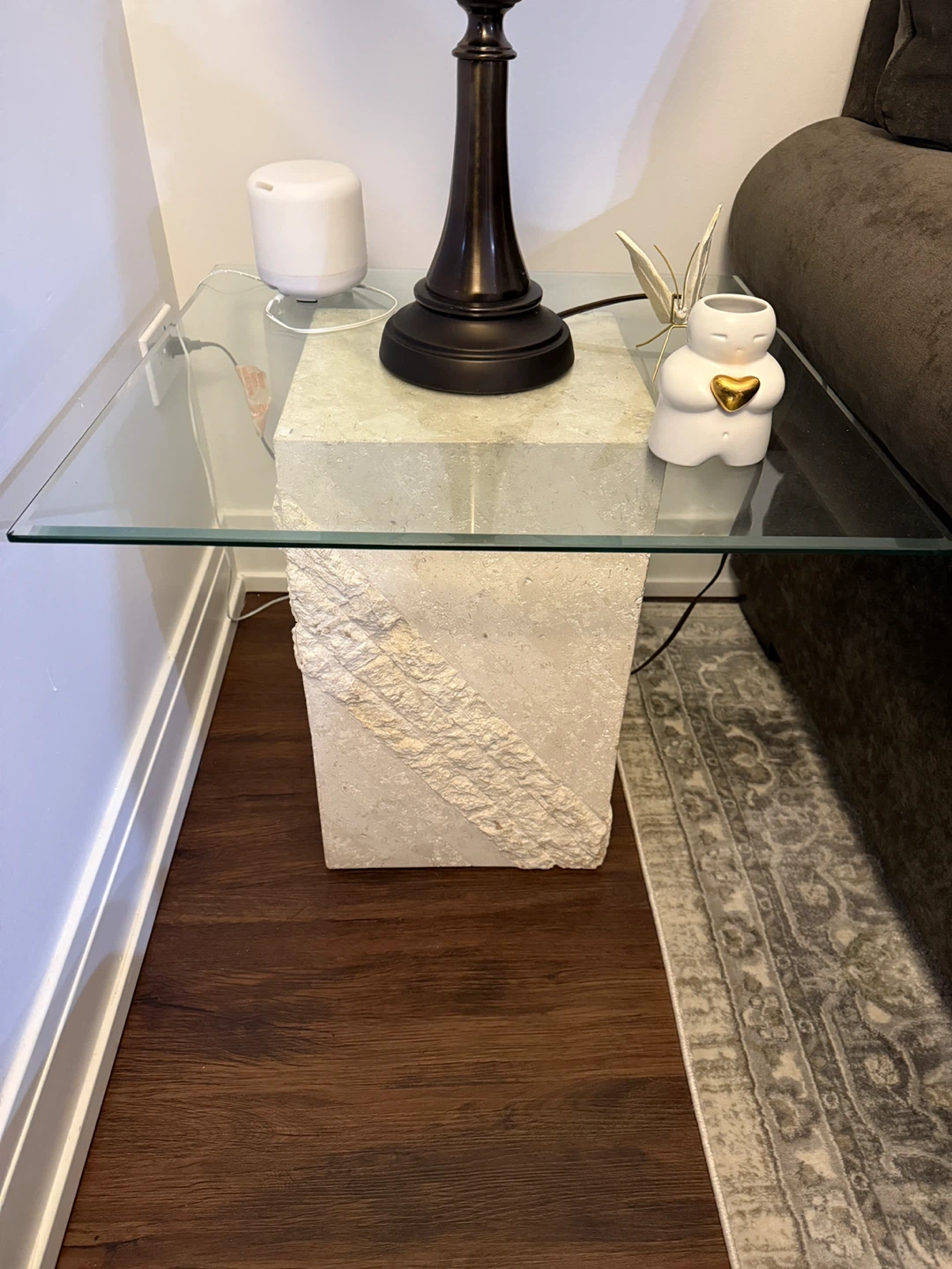 Glass Top Side Table w/ Stone Base