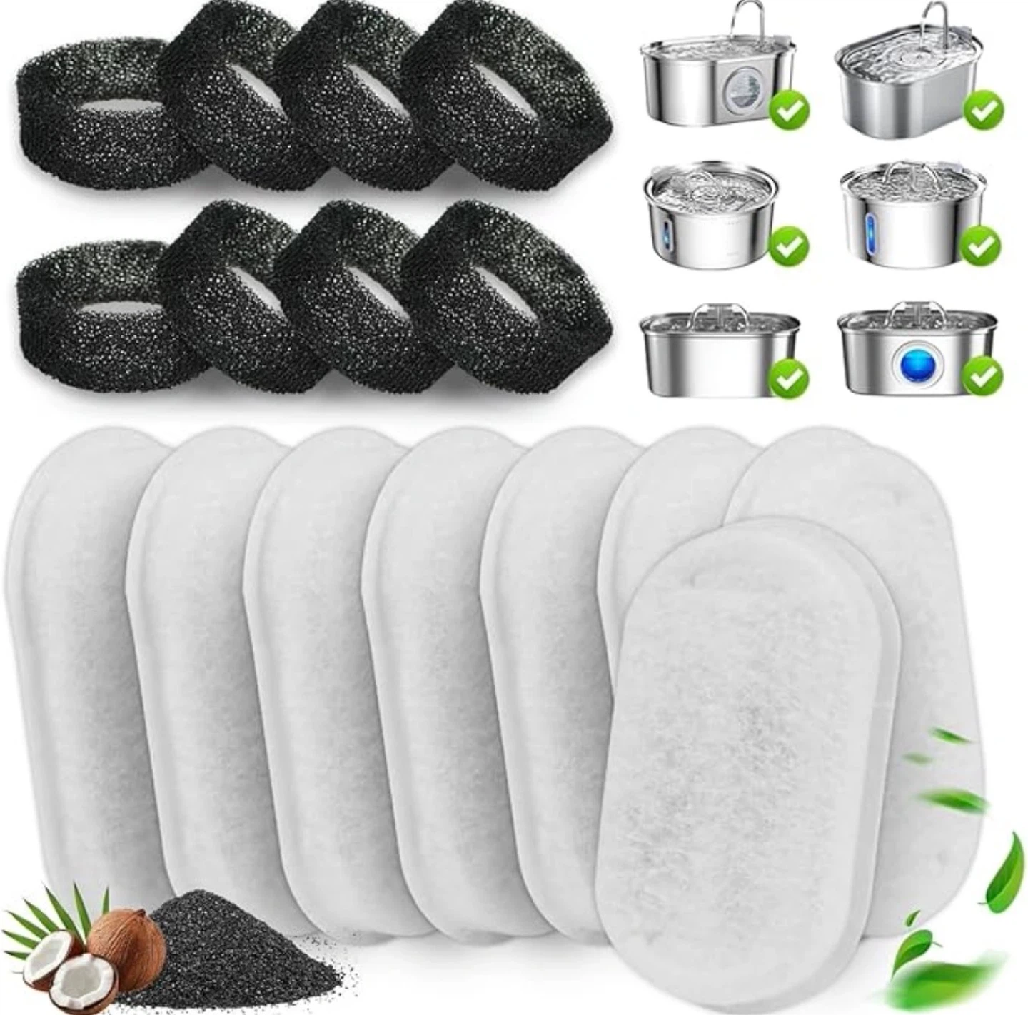 Cat Water Fountain Filters w/ 8 Pump Sponges - 16 Pack