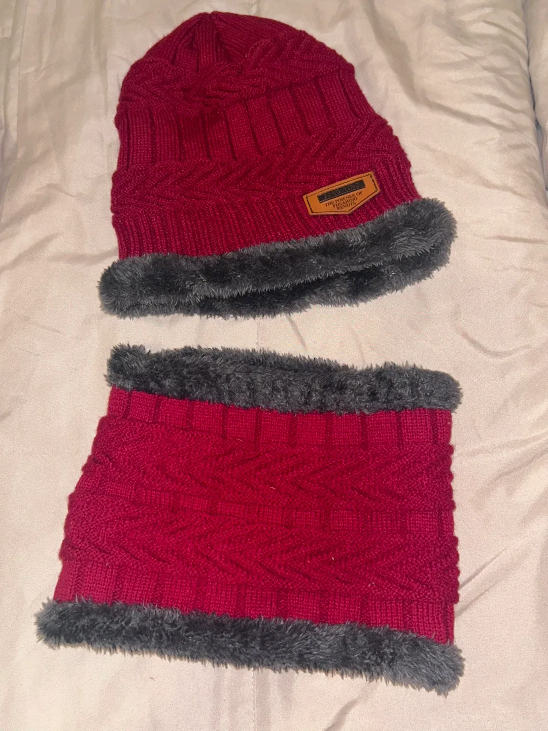 Burgundy Knit Beanie and Scarf Set thumbnail