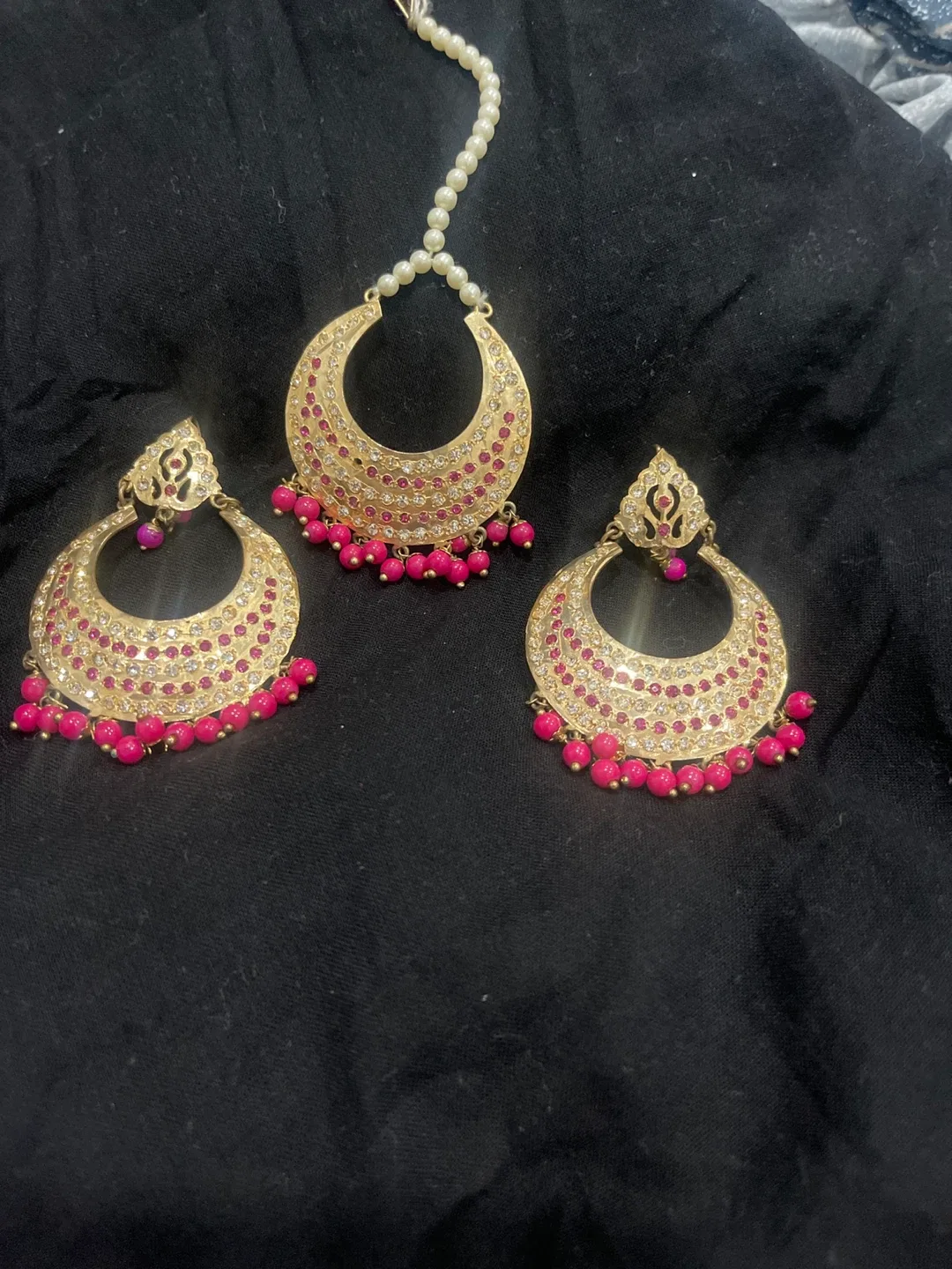 Earrings & Tikka Set - Gold with Pink Beads thumbnail