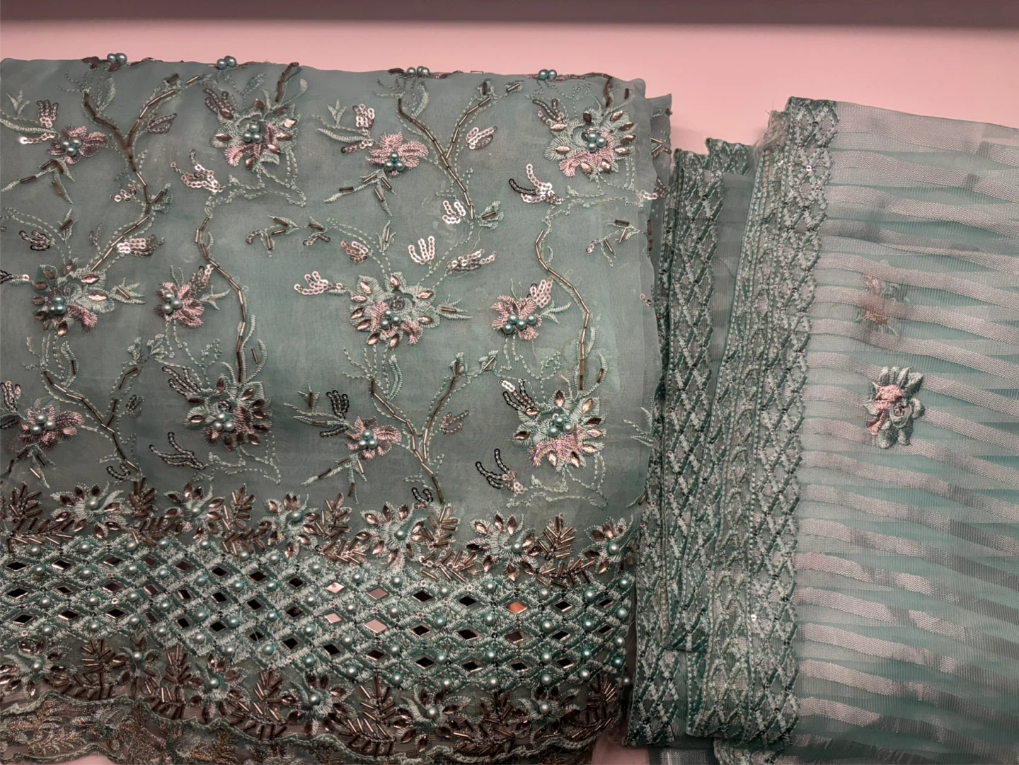 Unstitched Punjabi Suit Light Blue/Sea Green, Party Wear