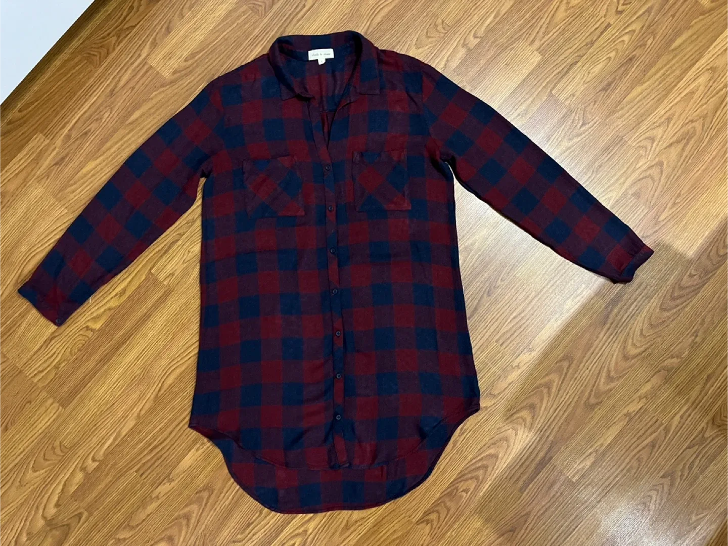 Cloth & Stone women’s large plaid shirt dress, burgundy and navy