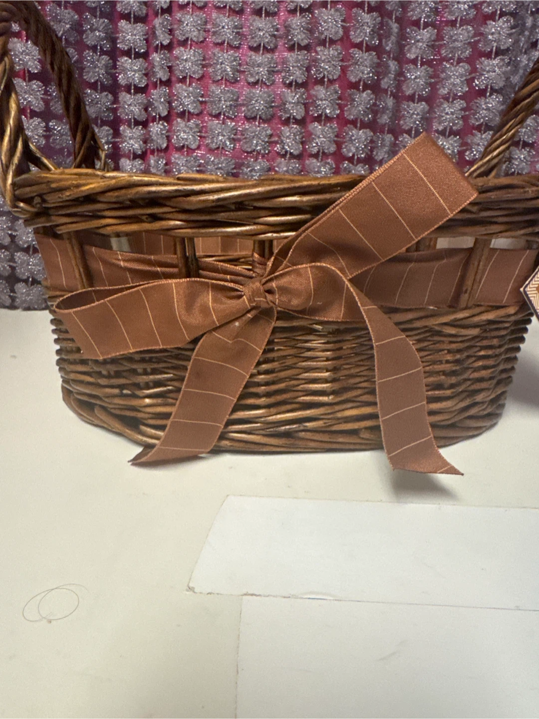 Brown Wicker Basket with Ribbon