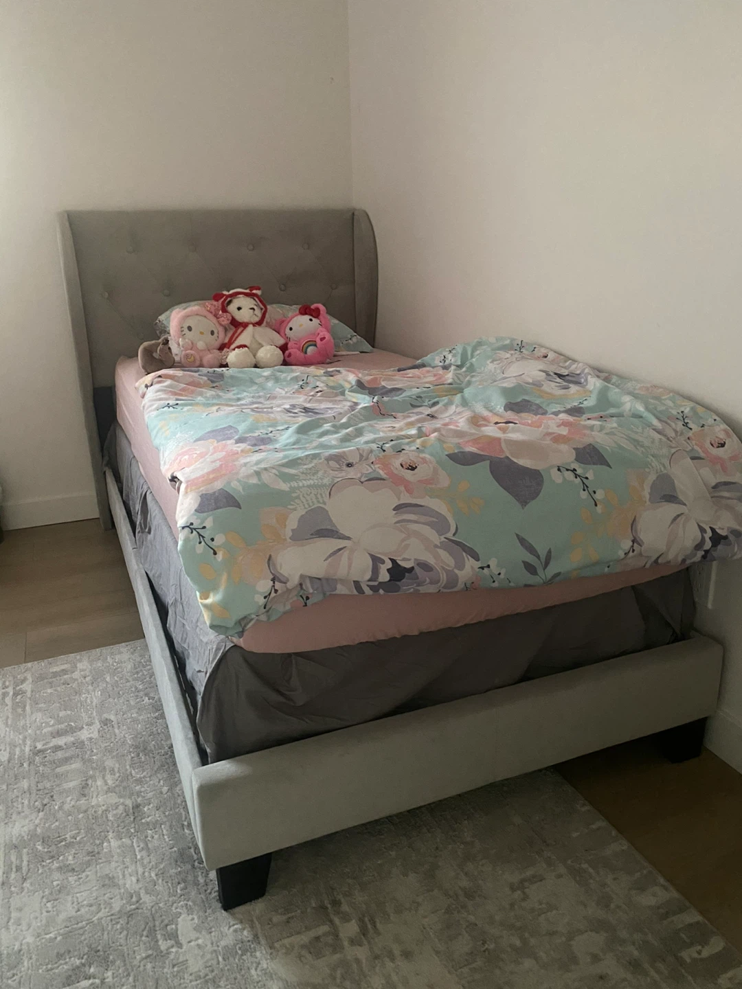 Upholstered Grey Twin Bed Frame, Bed Box, and Mattress