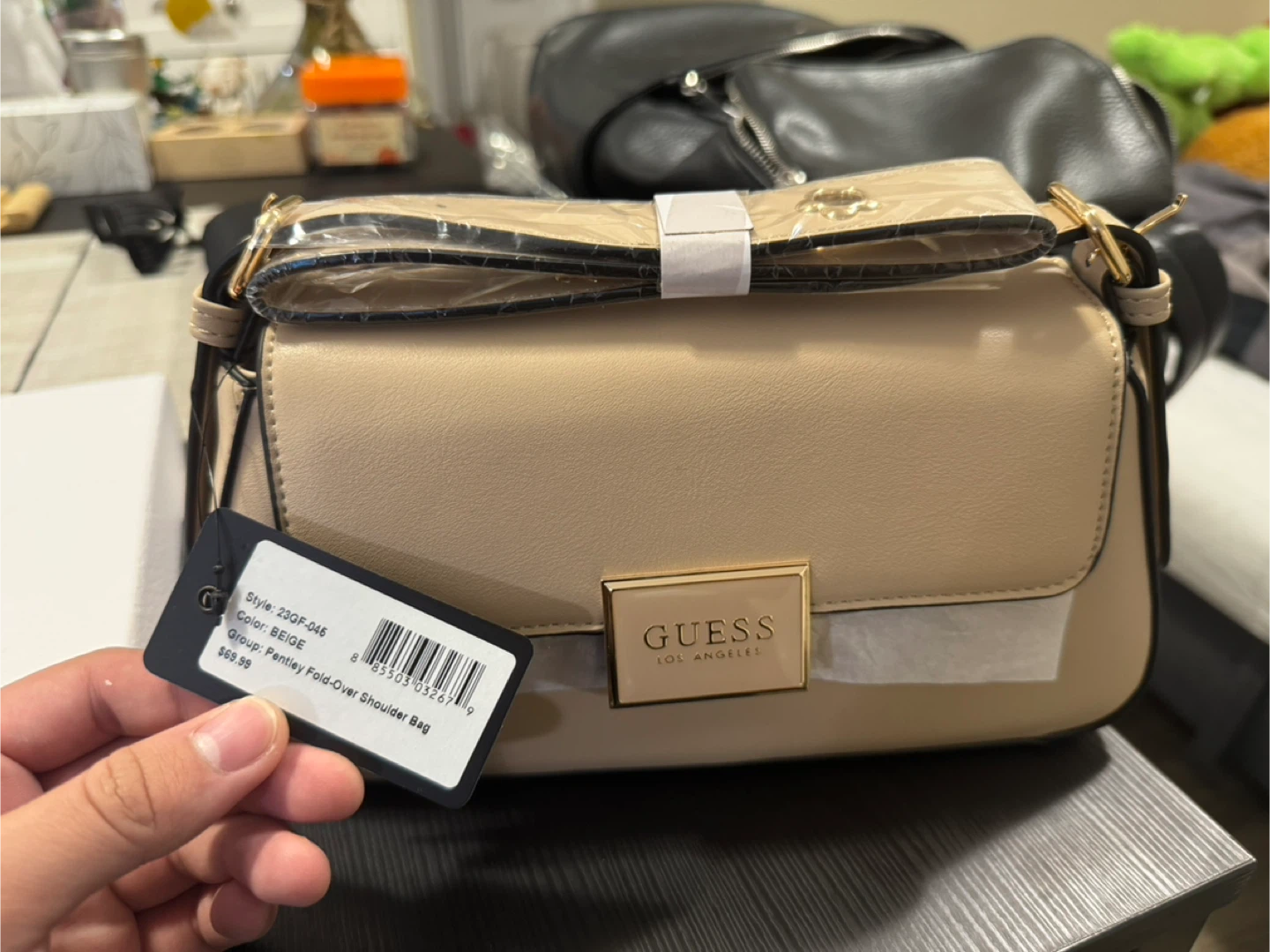 New Guess Pentley Beige Fold-Over Shoulder Bag