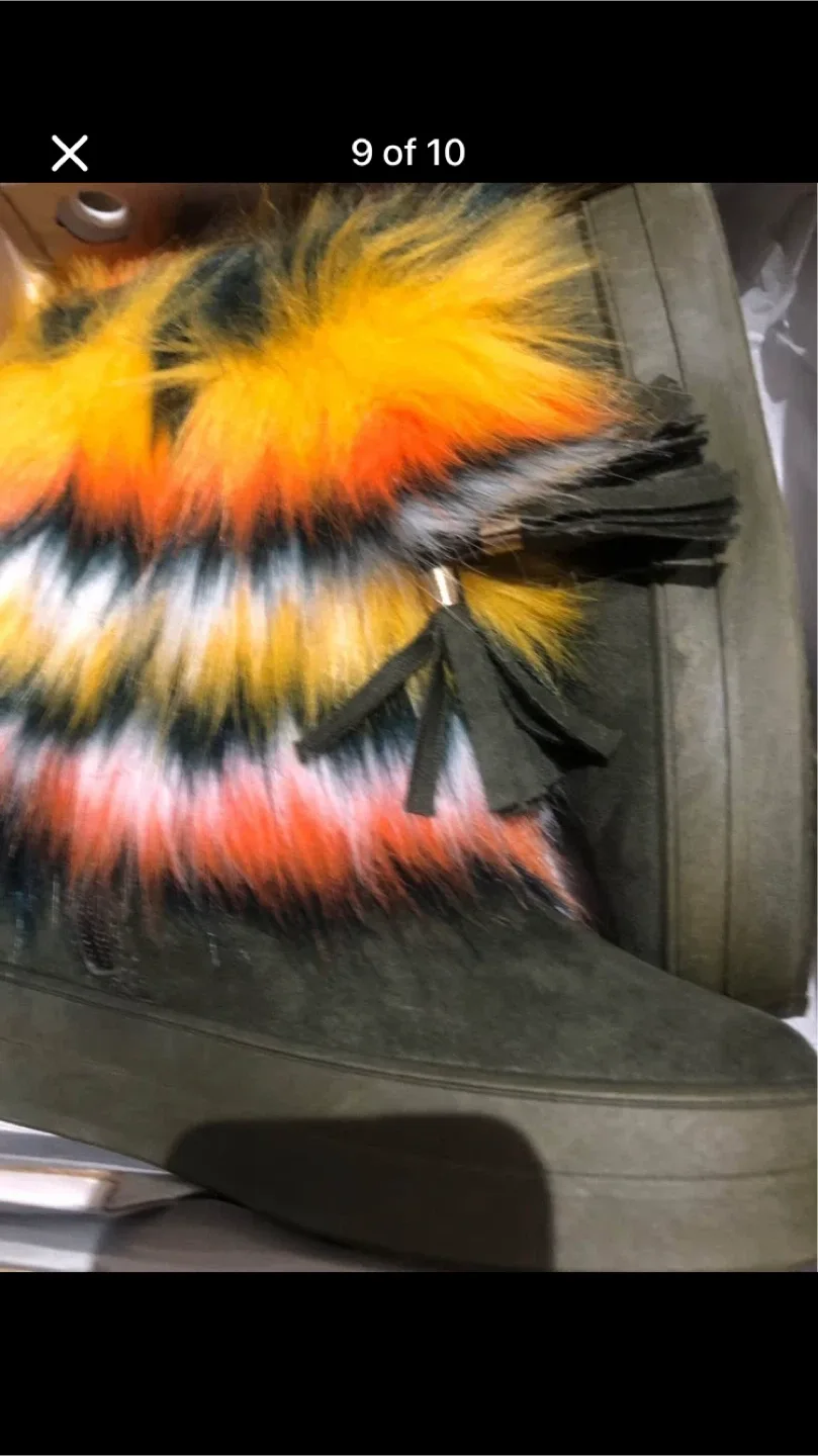 Olive Green Boots with Colourful Faux Fur