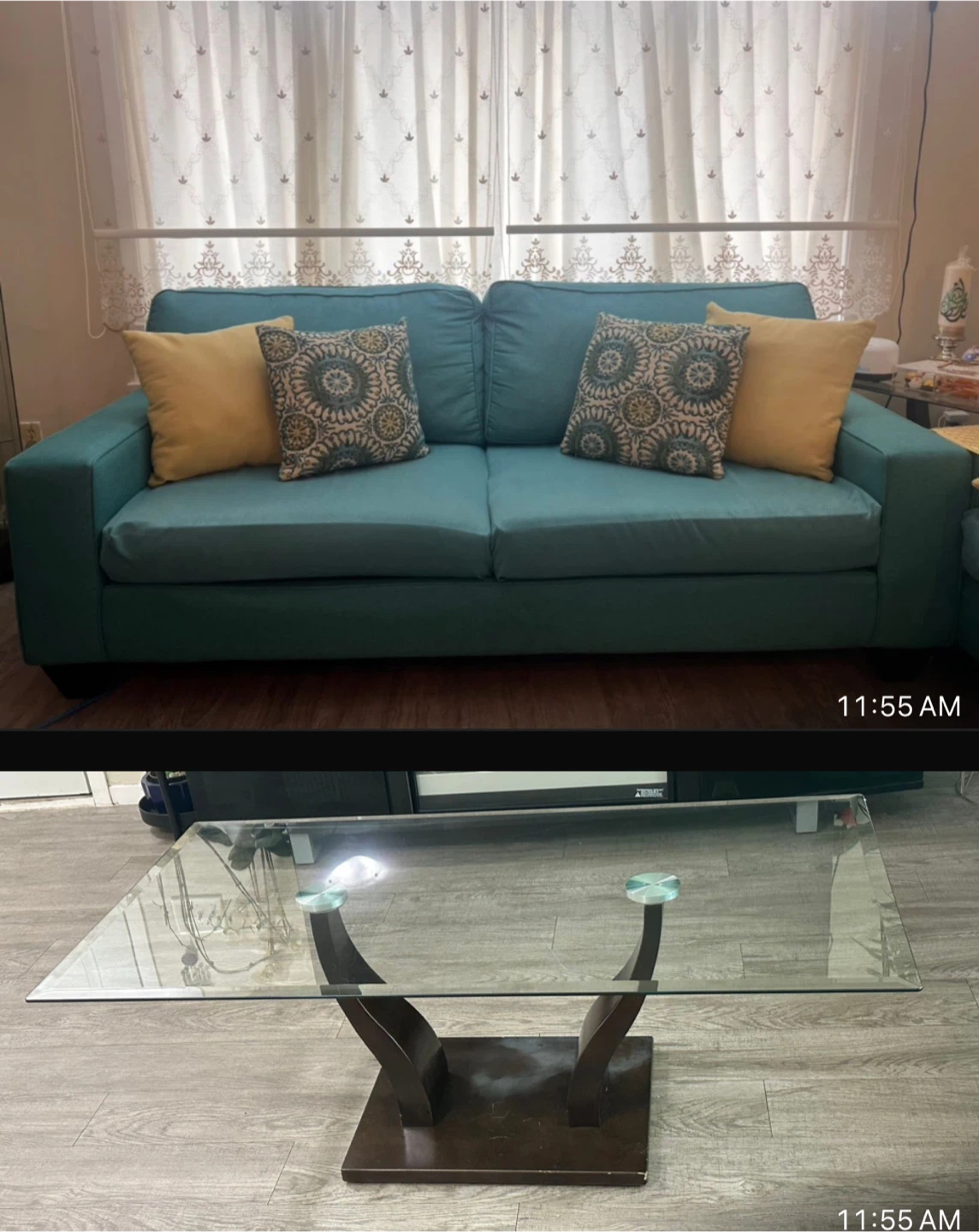 Turquoise Sofa and Glass Coffee Table with side tables