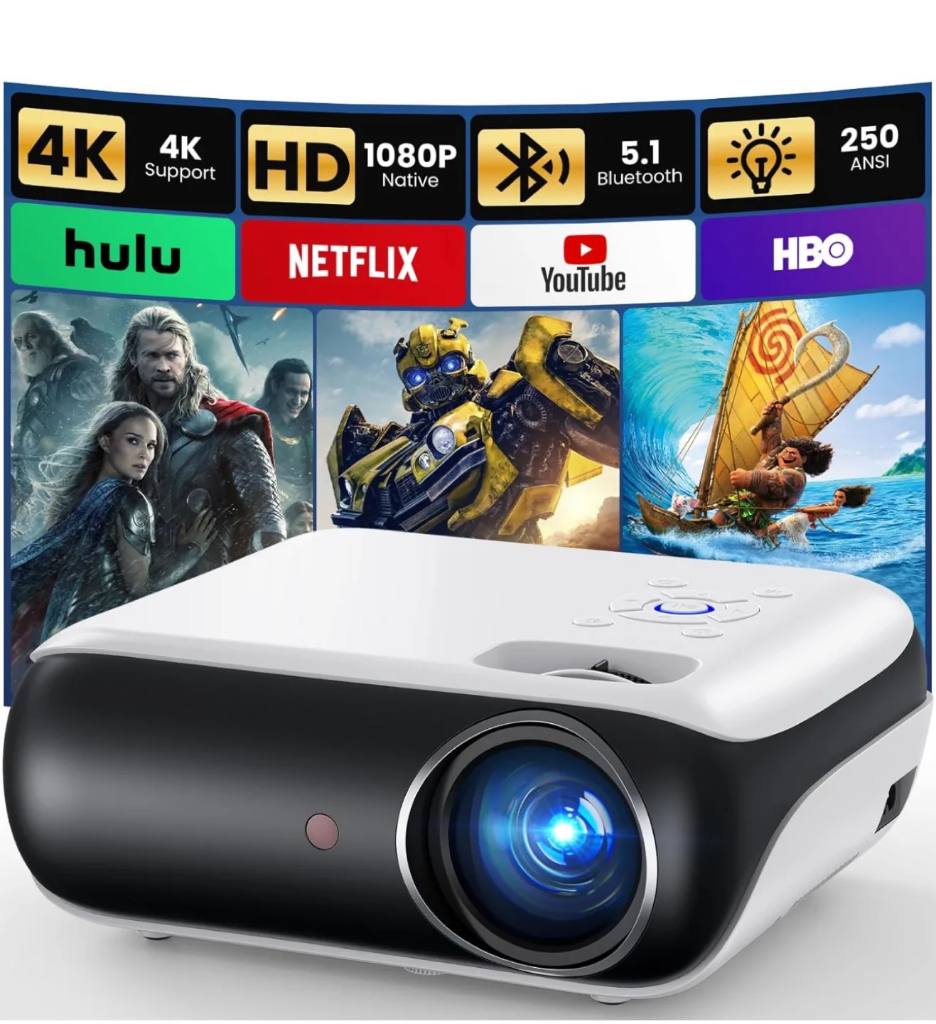 Brand New HAPPRUN Native 1080P Bluetooth Projector, Full HD