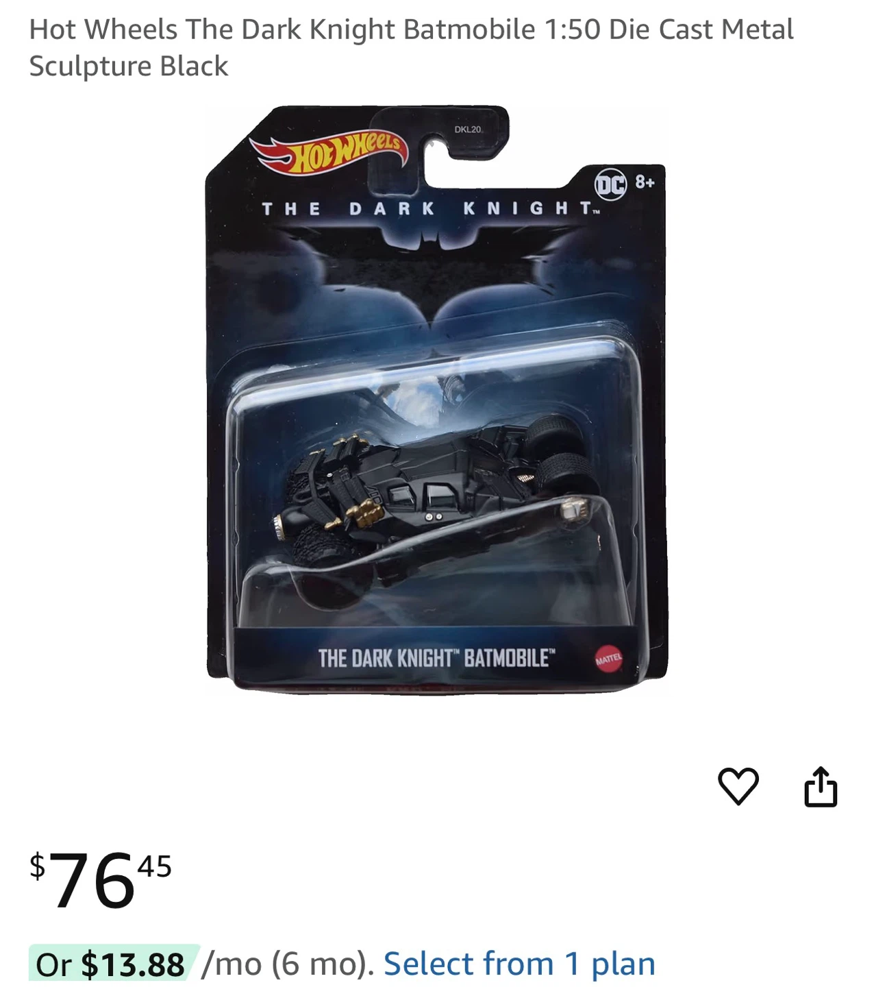 Hot Wheels The Dark Knight Batmobile 1:50 Die Cast