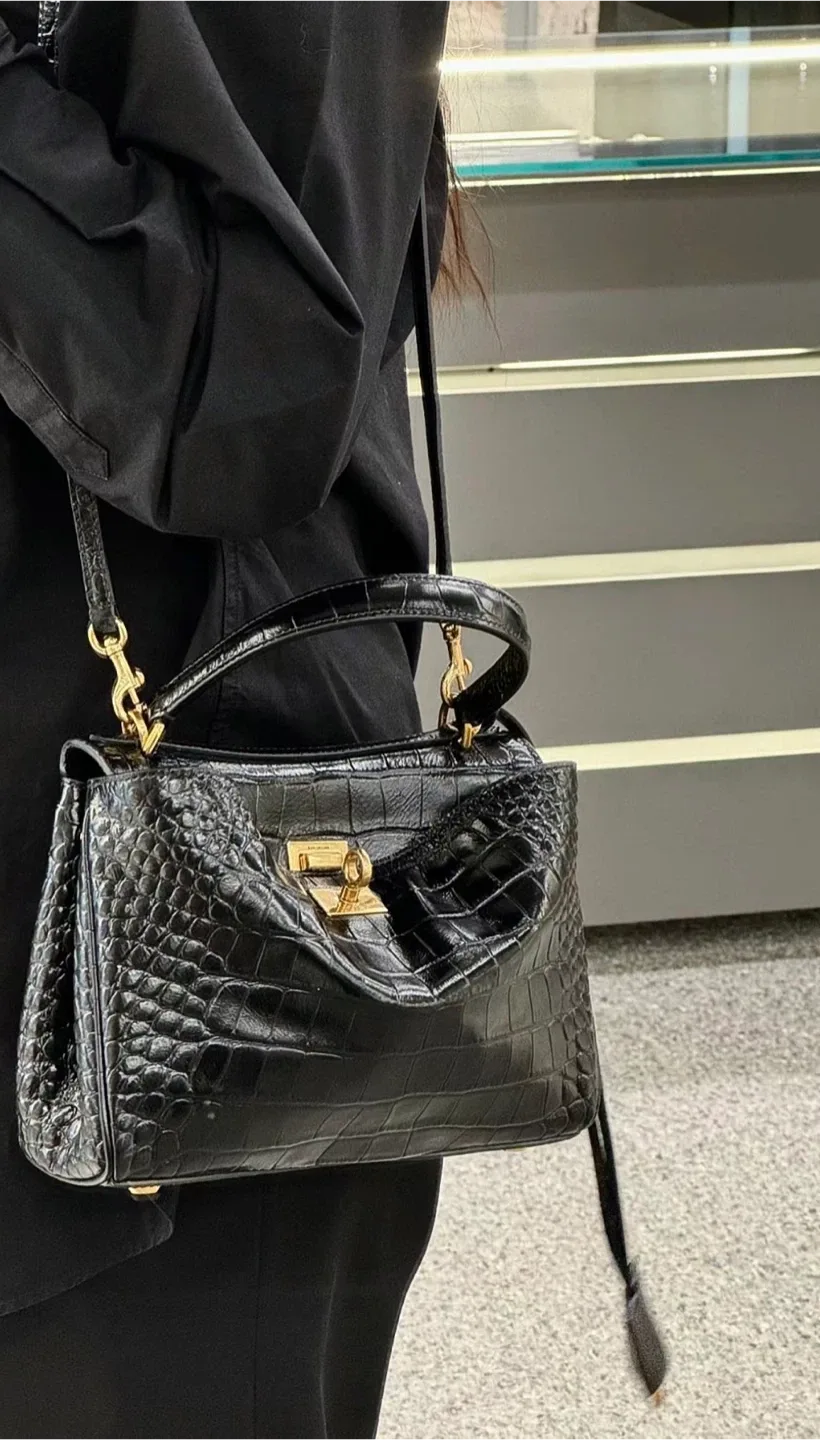 Black Croc Embossed Leather Handbag thumbnail