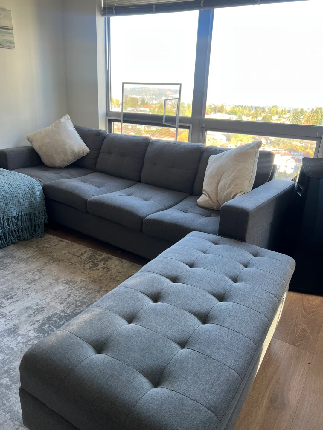 Grey L Shaped Couch with Ottoman