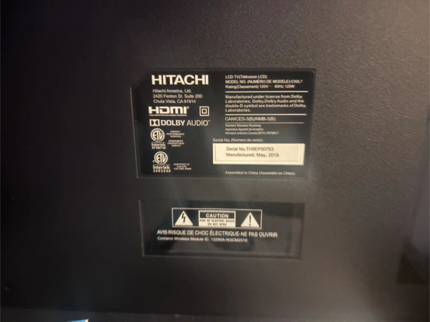 Hitachi 50” TV Television C50L7 - photo 2