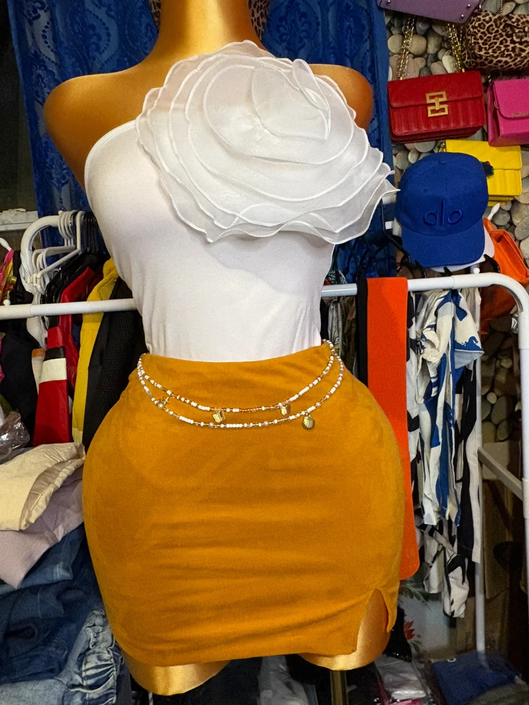 White Floral Top & Mustard Skirt Set thumbnail